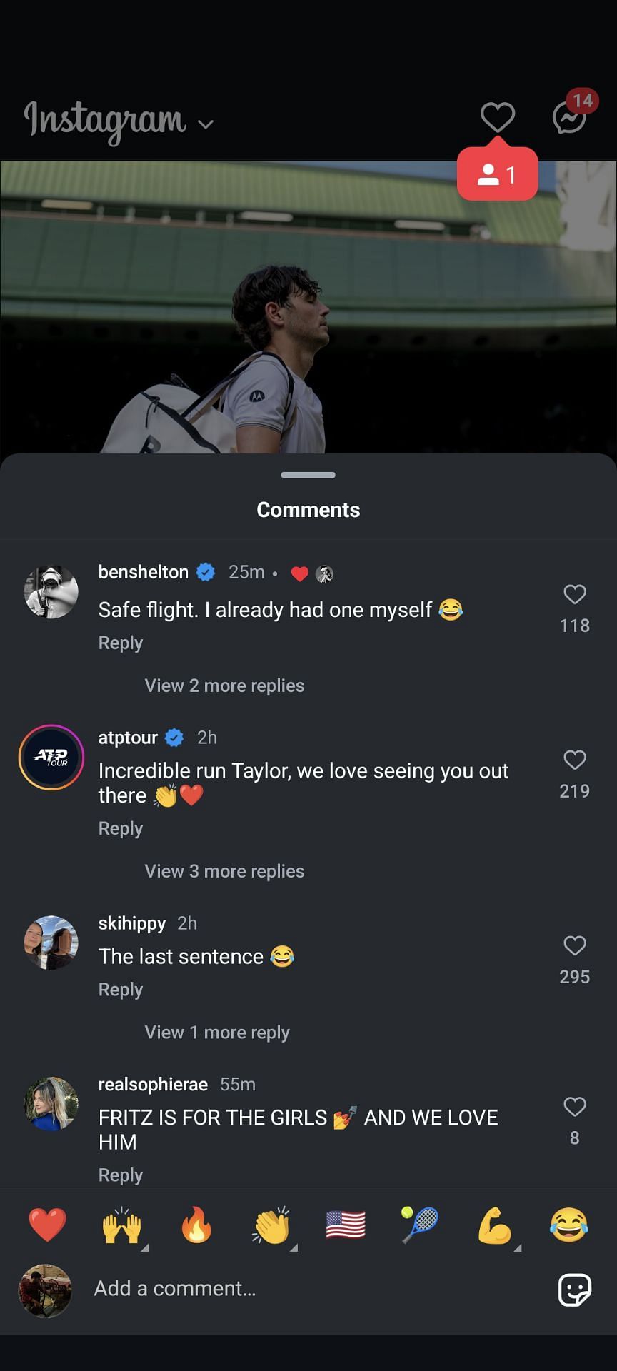 Ben Shelton responded to Taylor Fritz&#039;s post ( Source - https://www.instagram.com/taylor_fritz/)