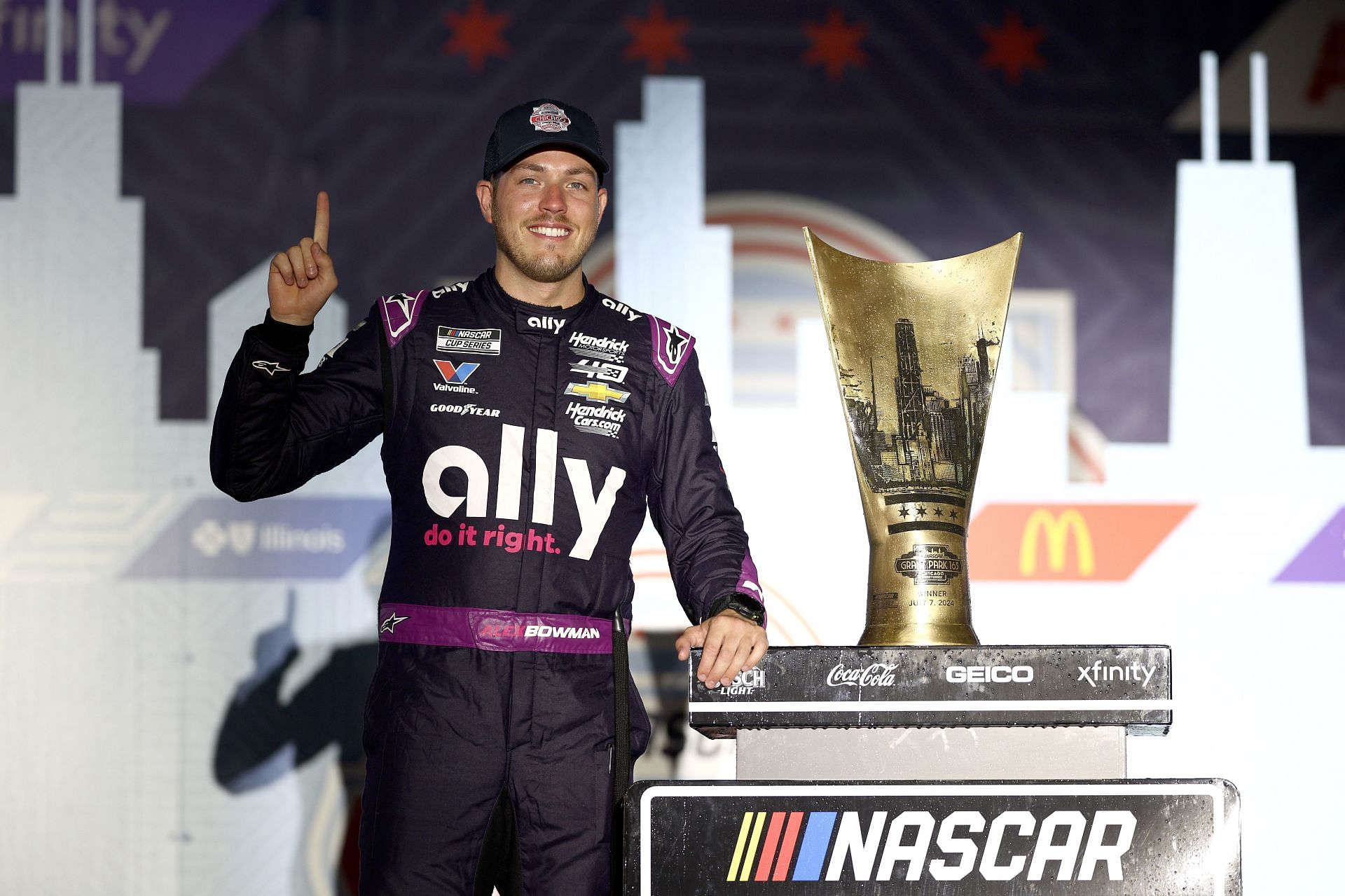 Alex Bowman, driver of the #48 Ally Chevrolet, celebrates in victory lane after winning the NASCAR Cup Series Grant Park 165 at Chicago Street Course on July 07, 2024 in Chicago, Illinois. (Photo by Jared C. Tilton/Getty Images)