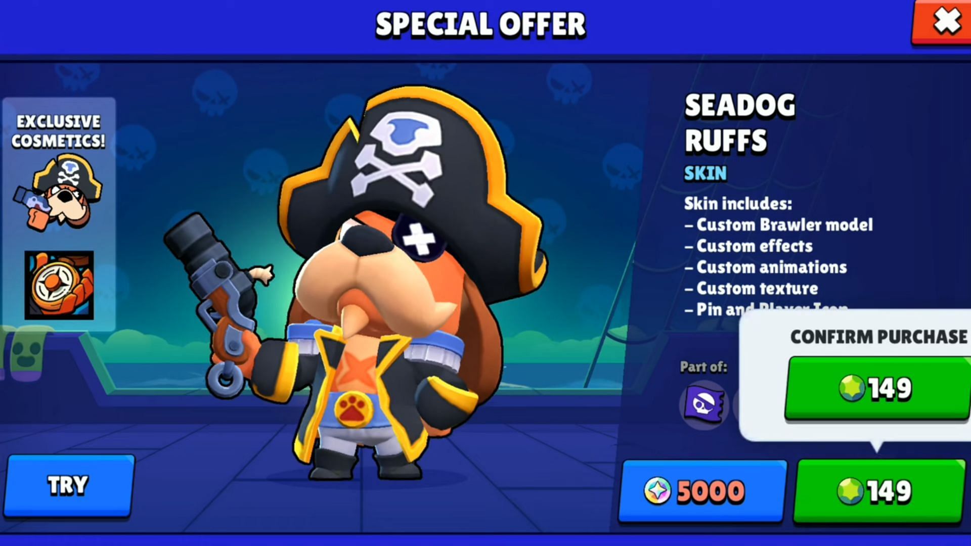 Required cost of Seadog Ruffs skin (Image via Supercell and YouTube/Leothin - Brawl Stars)