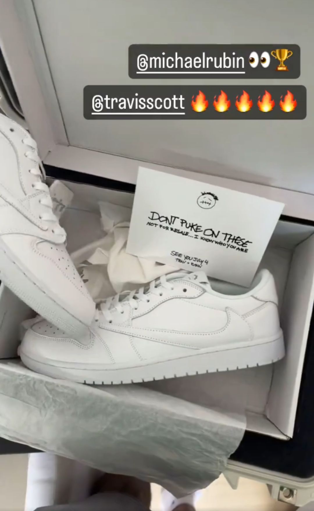 Tatum shows off his custom Travis Scott x Jordan 1 Low White Party (Image: Jayson Tatum Instagram story)