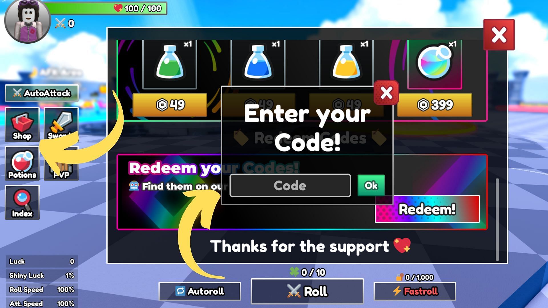 Redeem codes in Dungeon RNG (Image via Roblox || Sportskeeda)