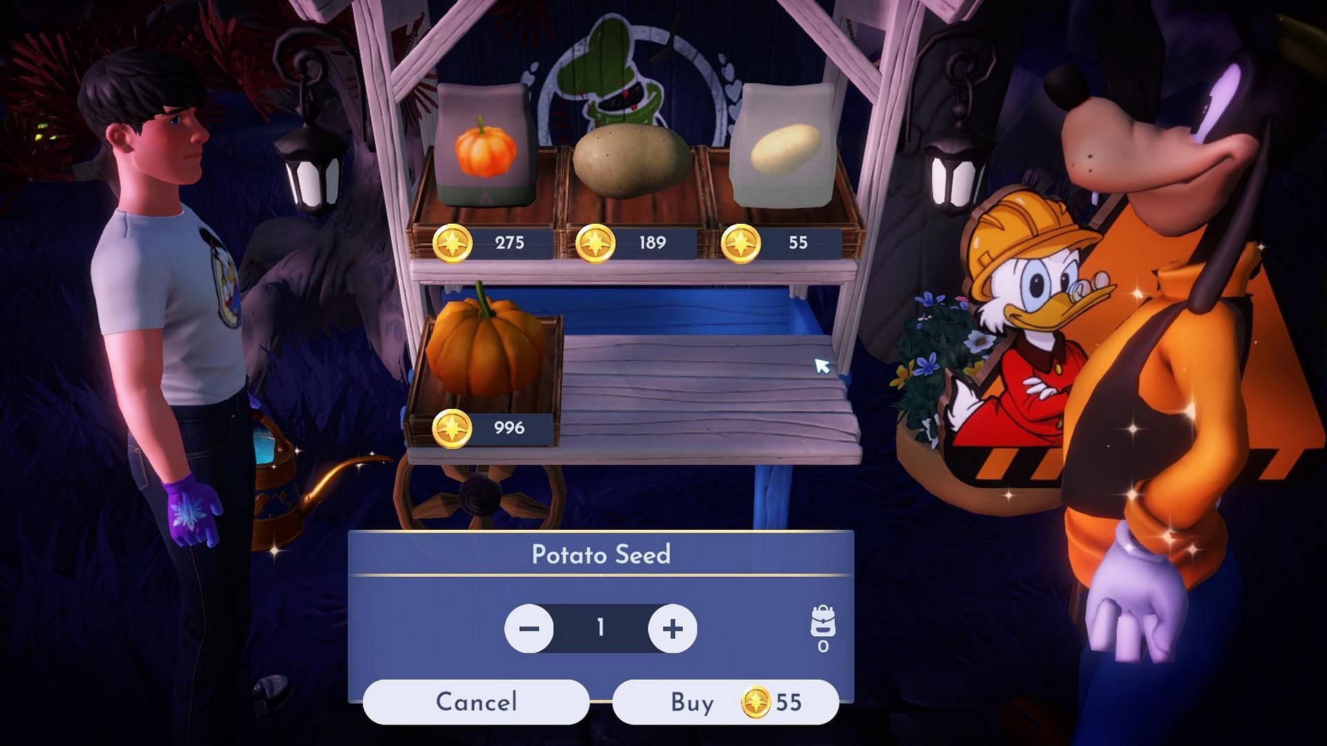 You can buy Potatoes or Potato seeds from Goofy&#039;s stall in Forgotten Lands (Image via Gameloft)