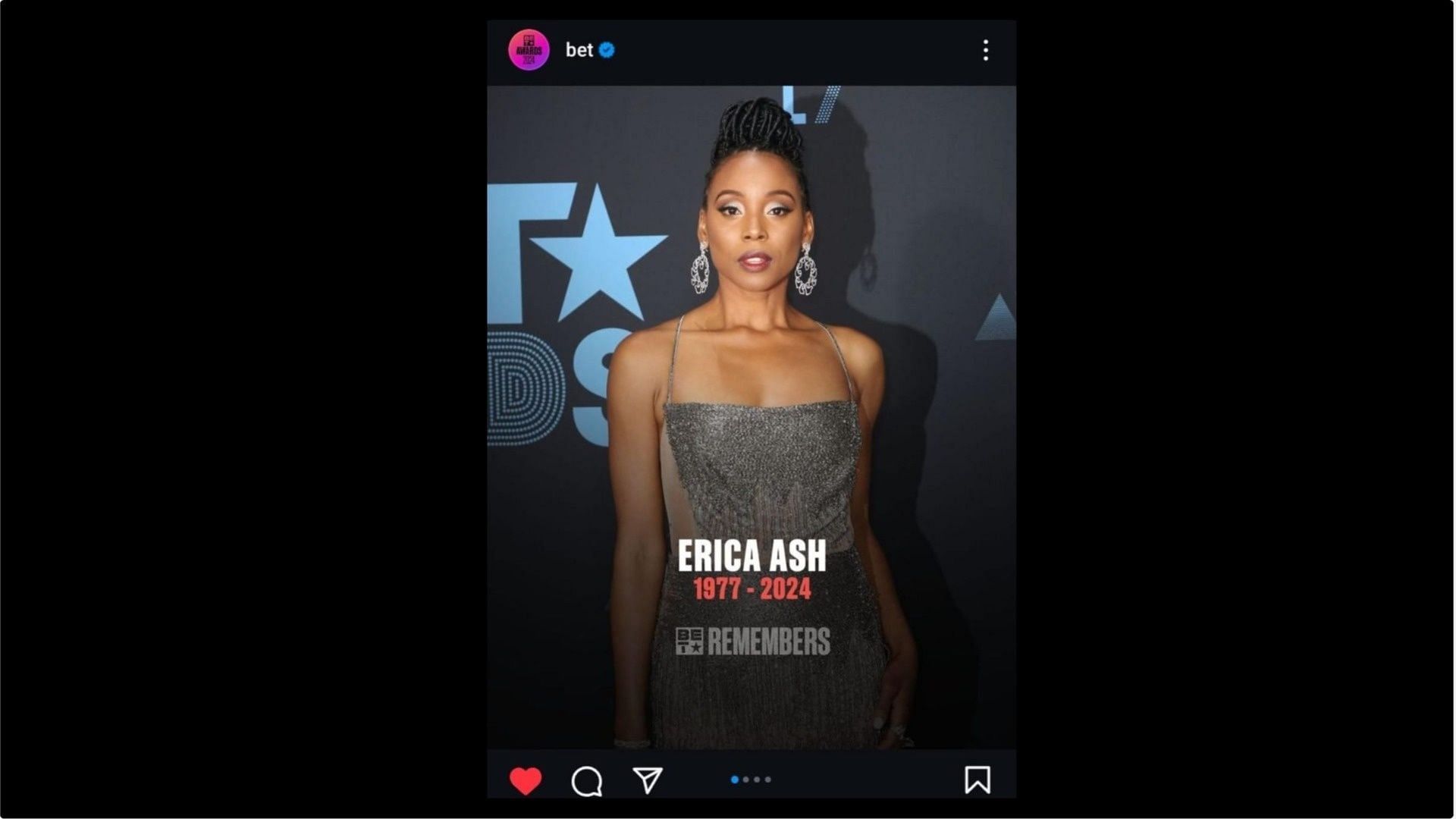 The now-removed post by BET claiming Erica Ash&#039;s death, (Image via @bet/Instagram)