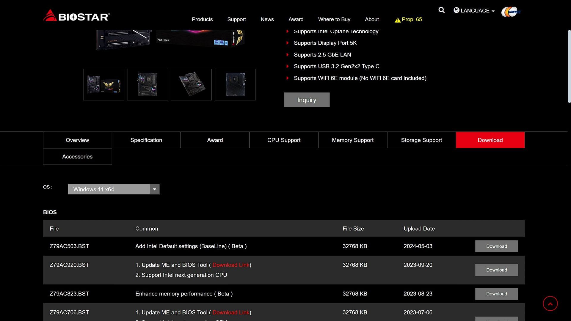 Biostar&#039;s BIOS download page X790 motherboard (Image by Biostar)