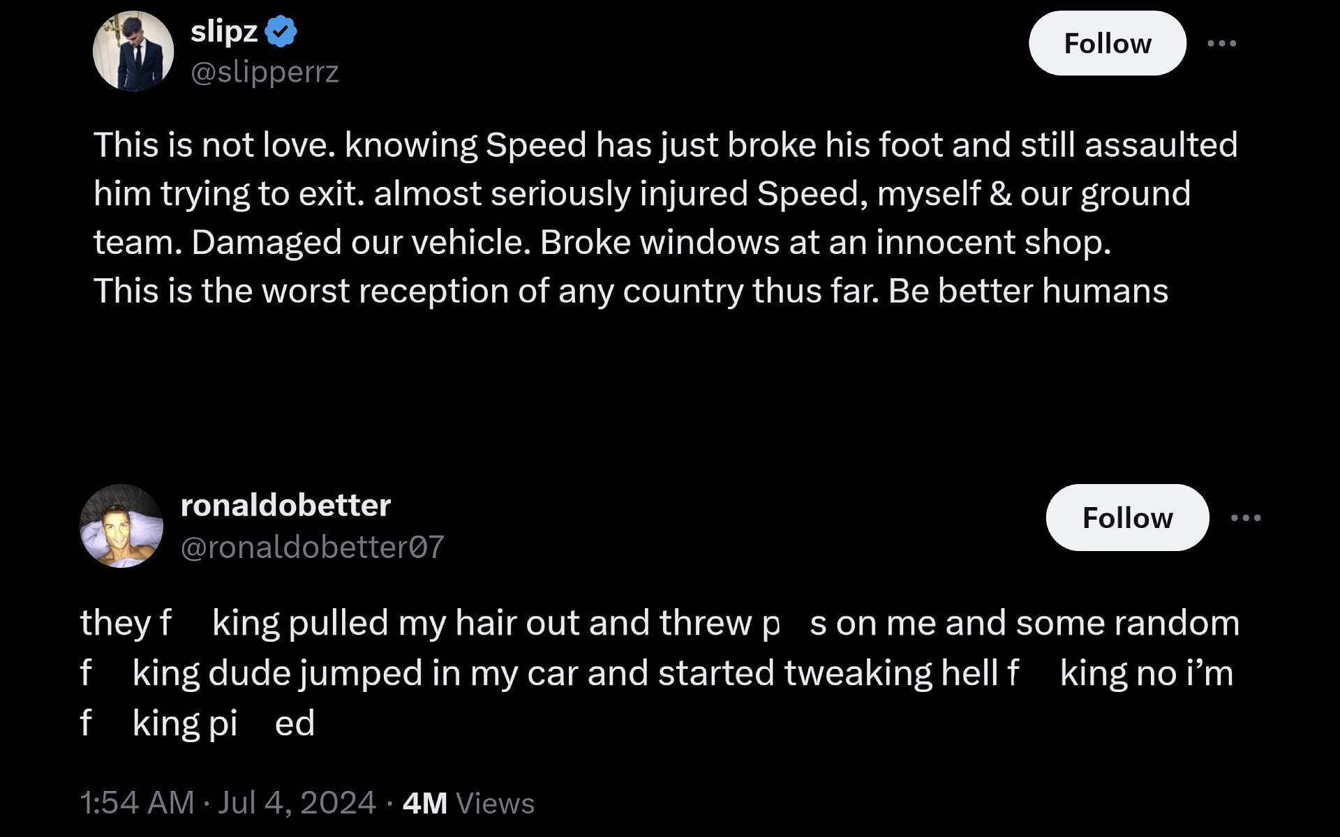 IShowSpeed and his cameraman comment on the recent controversy that happened during the IRL stream in Norway (Image via @slipperrz and @ronaldobetter07/X)