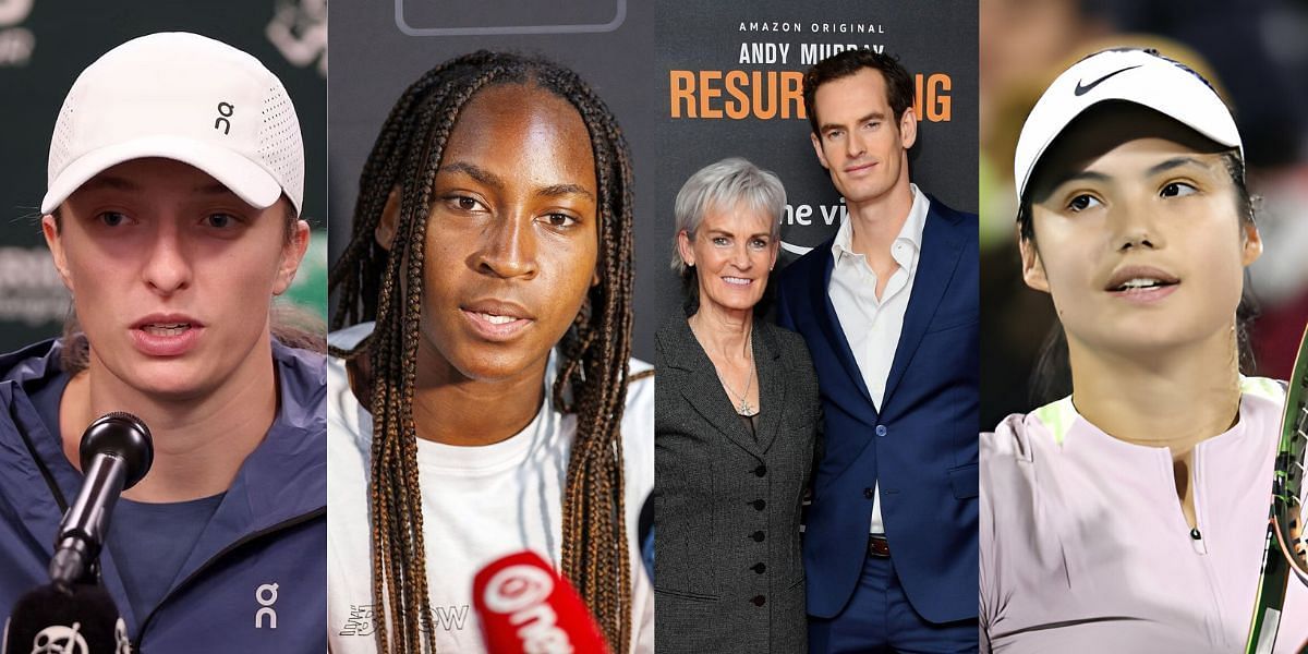 (Left to Right) Iga Swiatek, Coco Gauff, Judy Murray, Andy Murray, Emma Raducanu (Source: Getty Images)