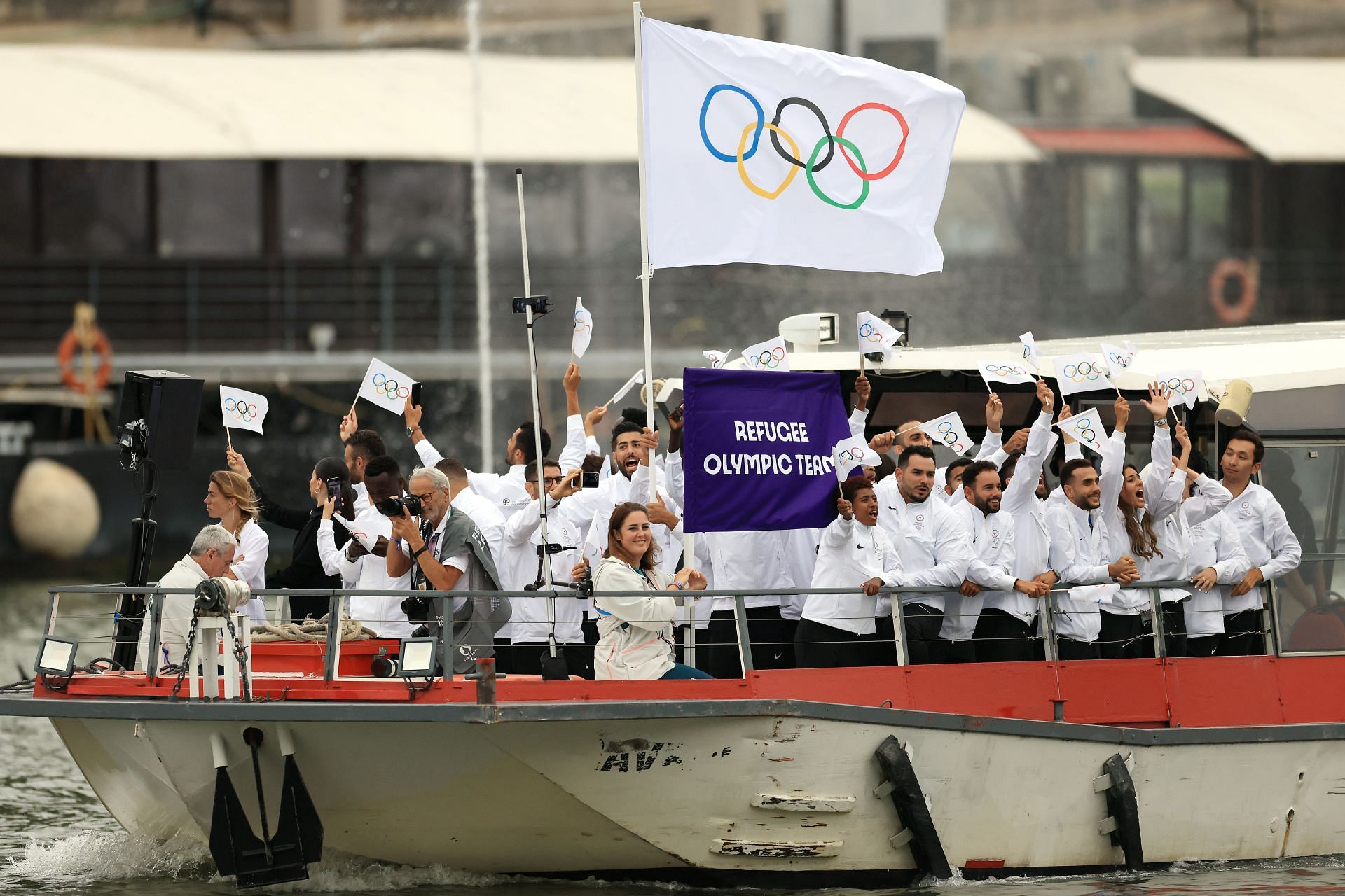 Refugee Olympic Team during the athletes&#039; parade during the opening ceremony in Paris, France. (Photo by Getty Images)