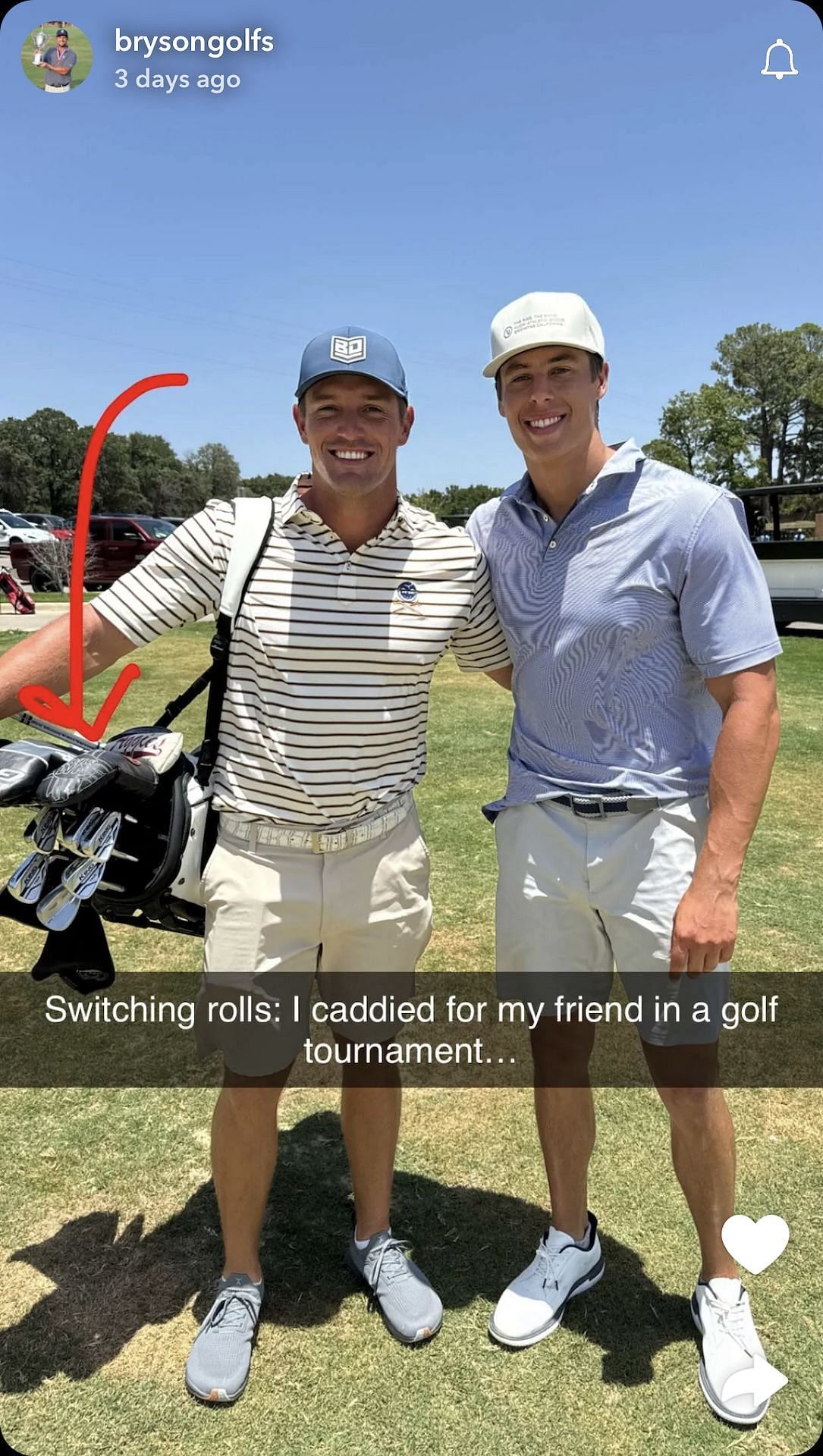 Bryson DeChambeau caddies for his friend (Image via Snapchat @brysongolfs)