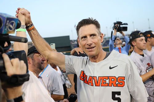 Oregon State coach Pat Casey celebrated his third NCAA title in 2018. (Photo Credit: Luke Franke-USA TODAY Sports)