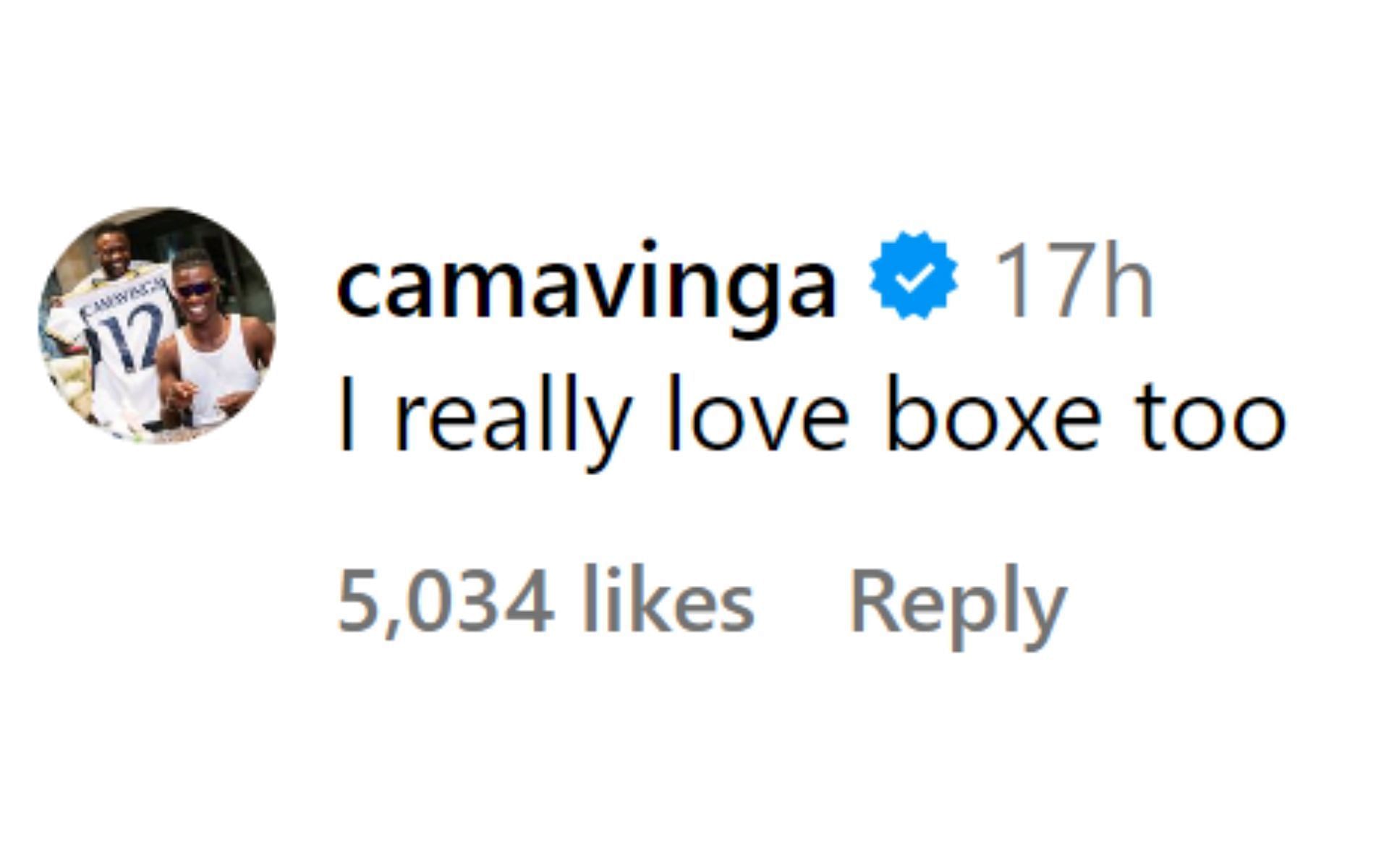 Eduardo Camavinga&#039;s comment on Garcia&#039;s post. [Image credit: @kingryan on Instagram]