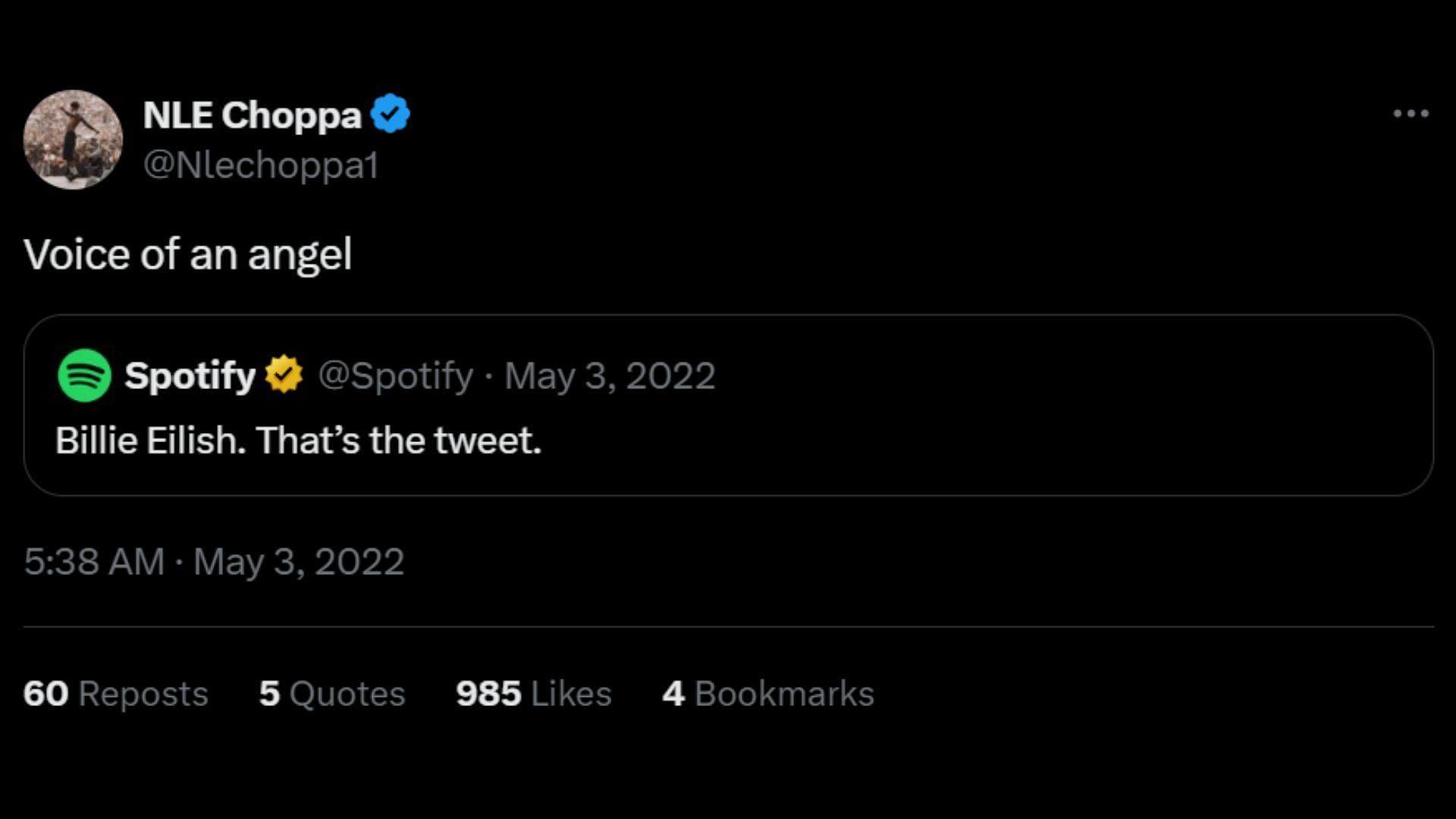 NLE Choppa&#039;s post on Billie Eilish (Image via X/@nlechoppa1)