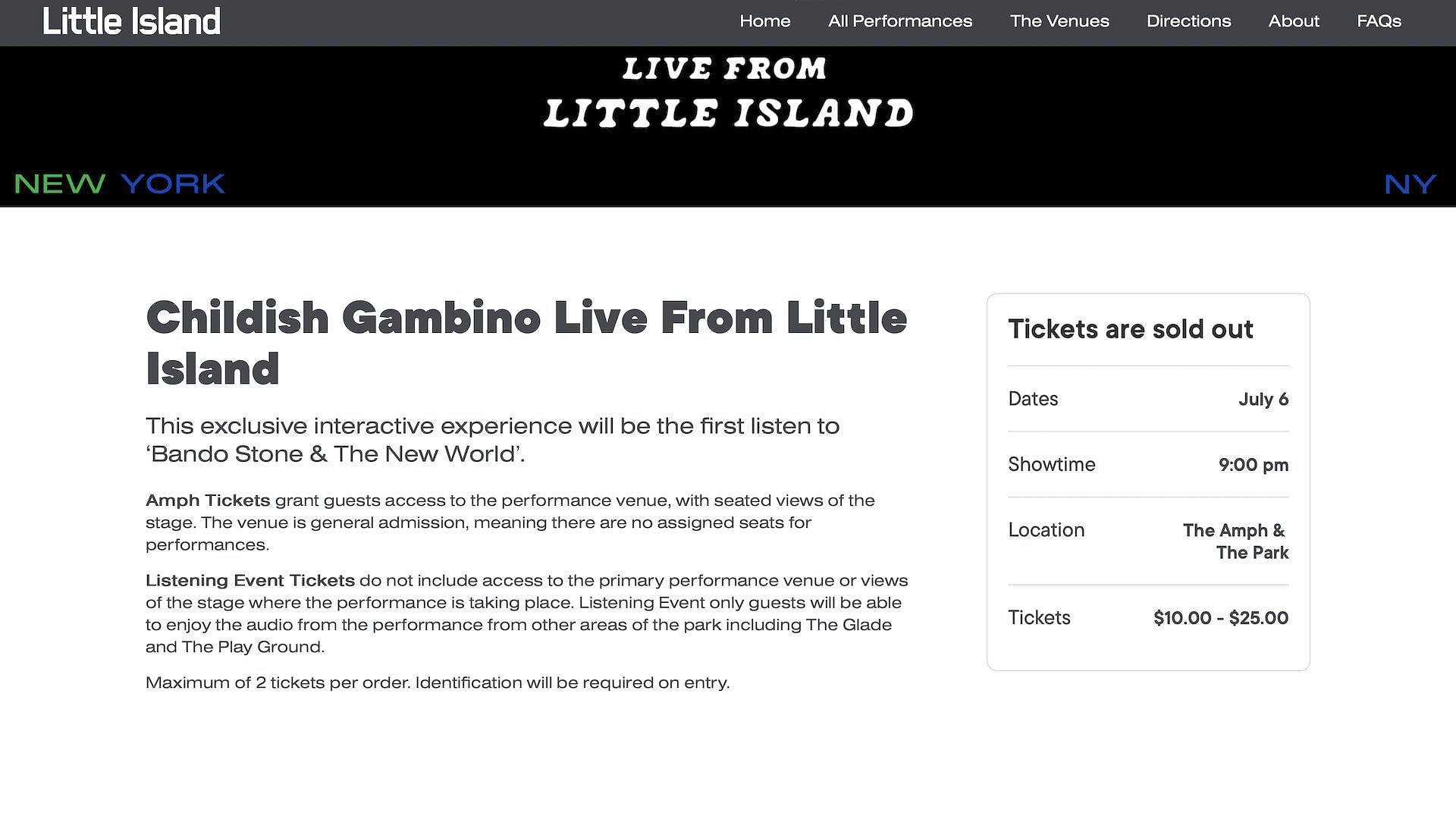 Tickets for &quot;Childish Gambino Live From Little Island&quot; held in New York, on July 6, currently listed for purchase (Image via littleislandtickets.com)