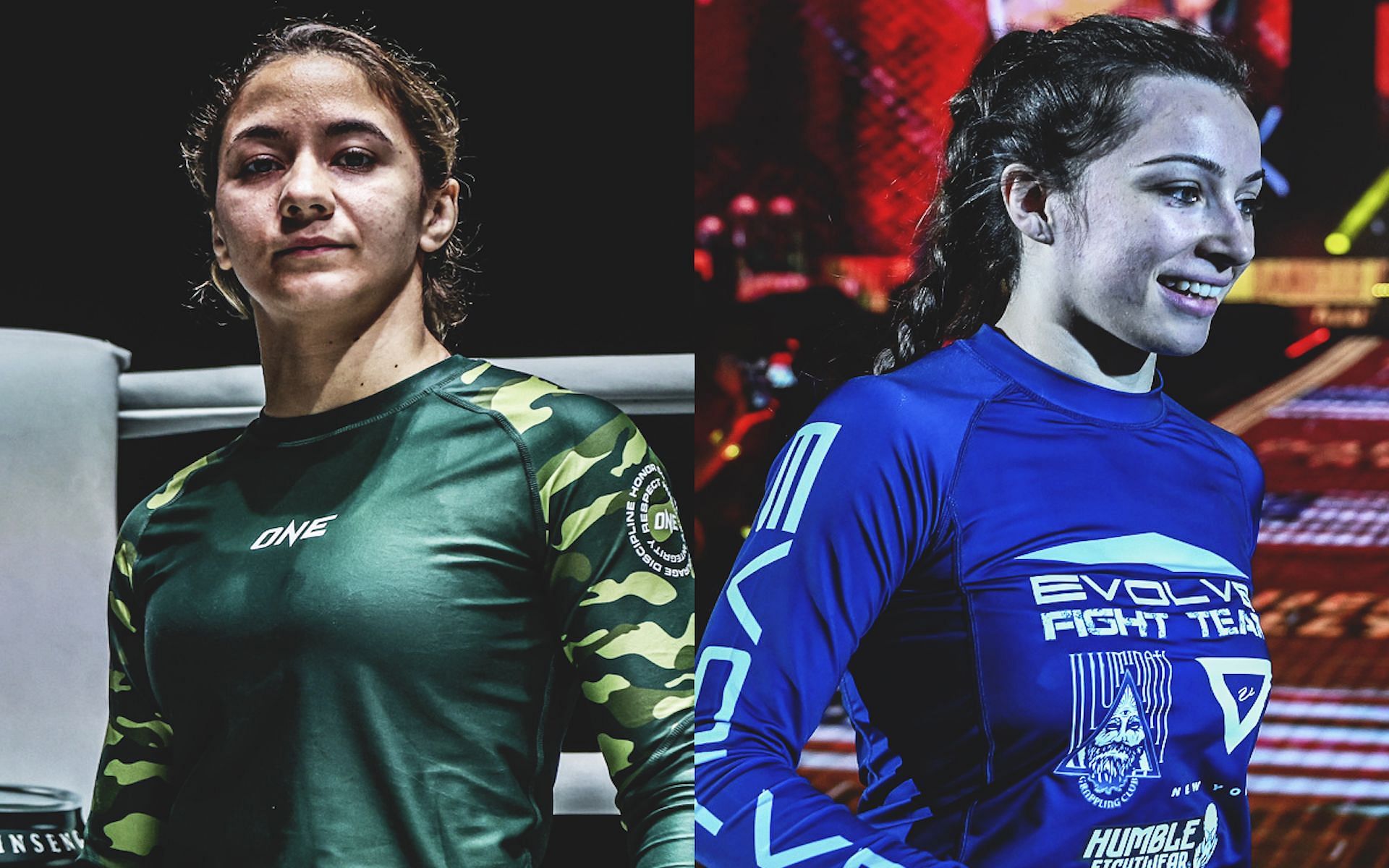 Mayssa Bastos (left) is ready to make a mark when she locks horns with ONE atomweight submission grappling queen Danielle Kelly (right).