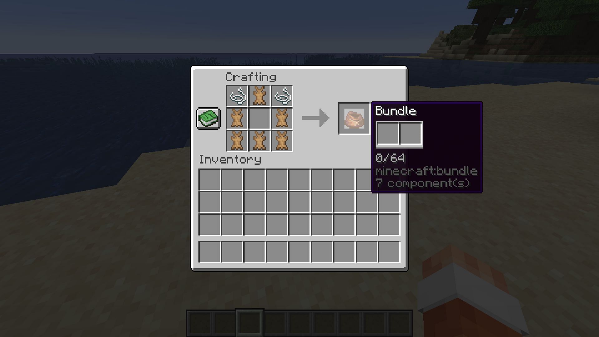 The crafting recipe for bundles in Minecraft calls for six rabbit hides and two strings (Image via Mojang)