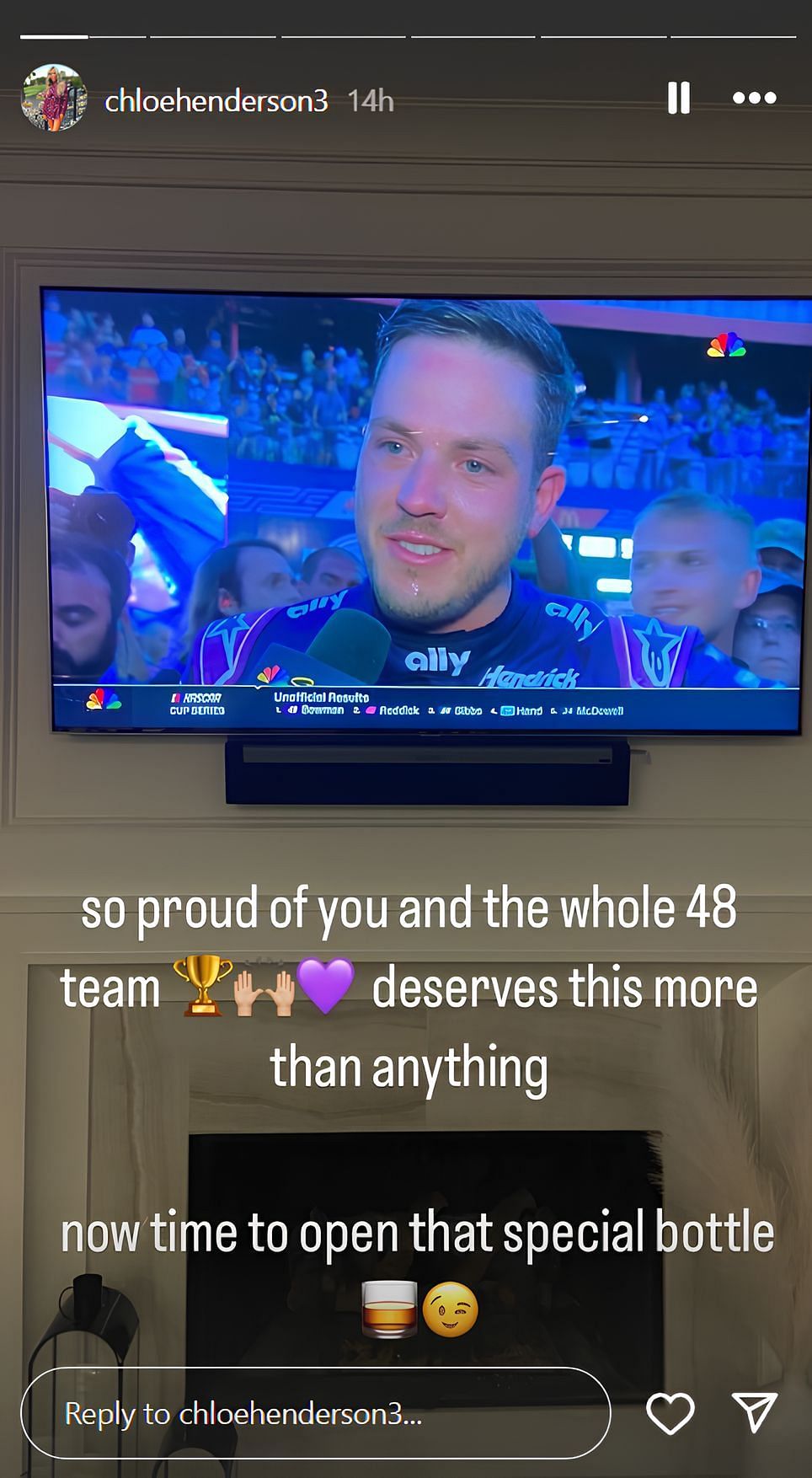 Chloe Henderson congratulates Alex Bowman and his team for the Grant Park 165 win (Image via IG stories/@chloehenderson3)