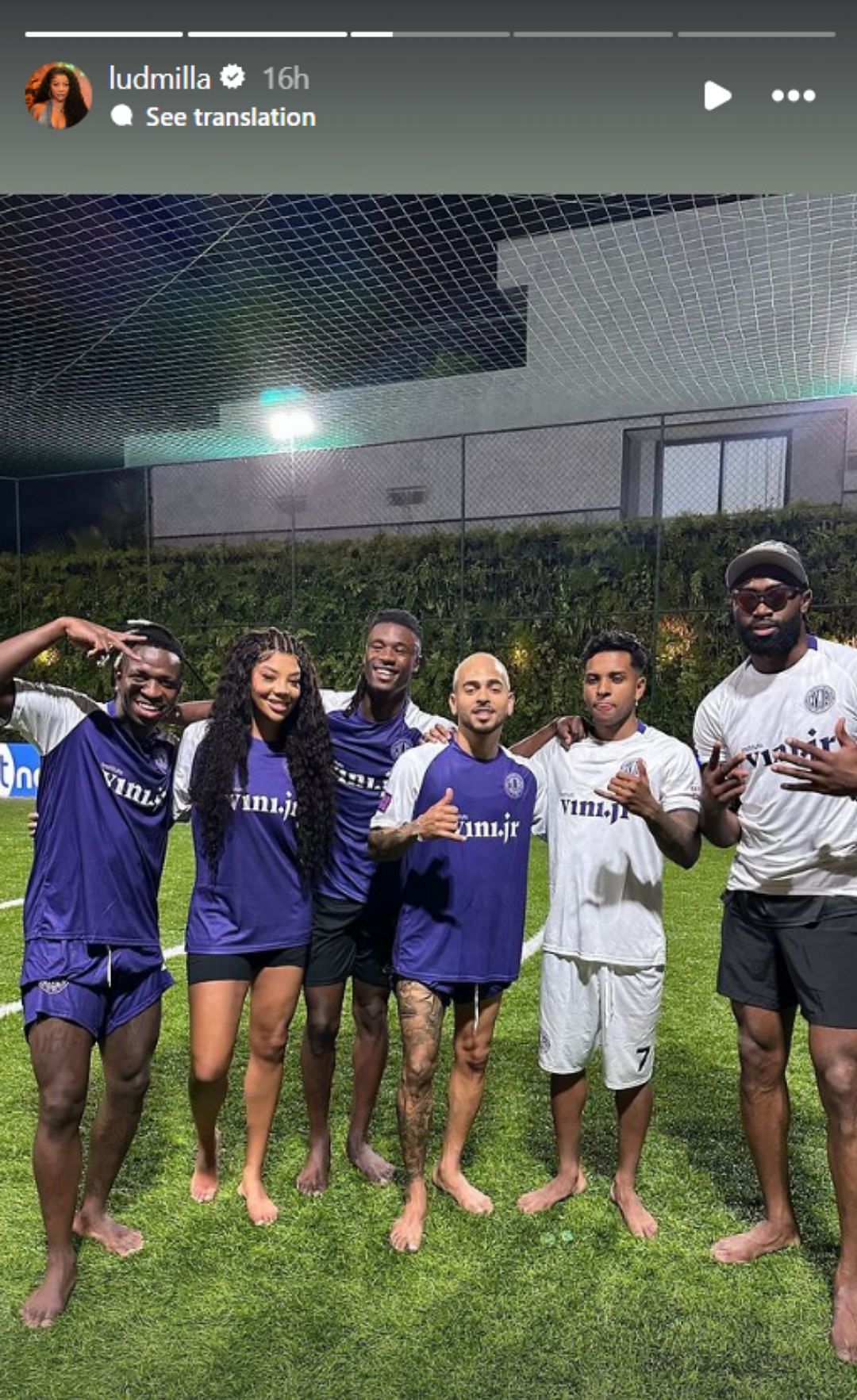 Jaylen Brown poses with Real Madrid stars and others at the friendly soccer game (Image credit: Ludmilla Instagram)