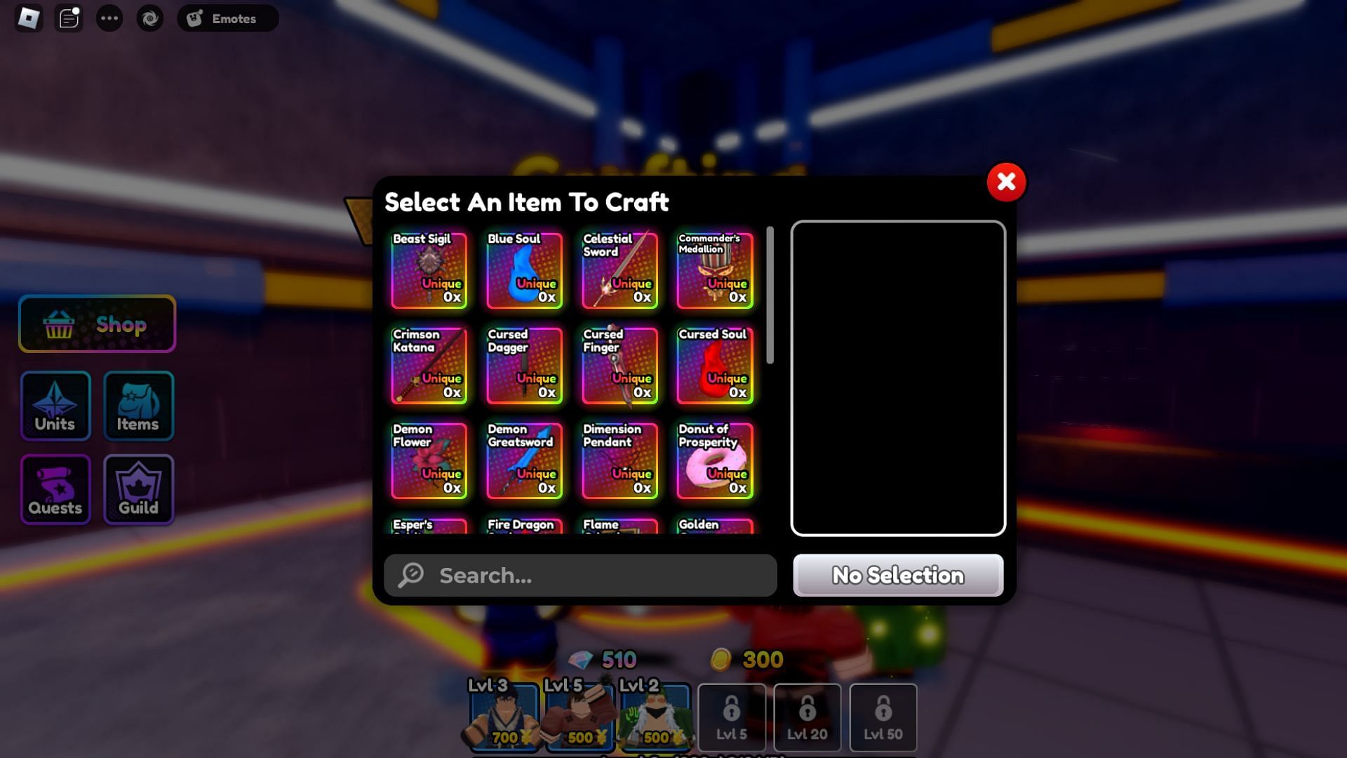 You will need to craft the unique items to evolve the units (Image via Roblox)