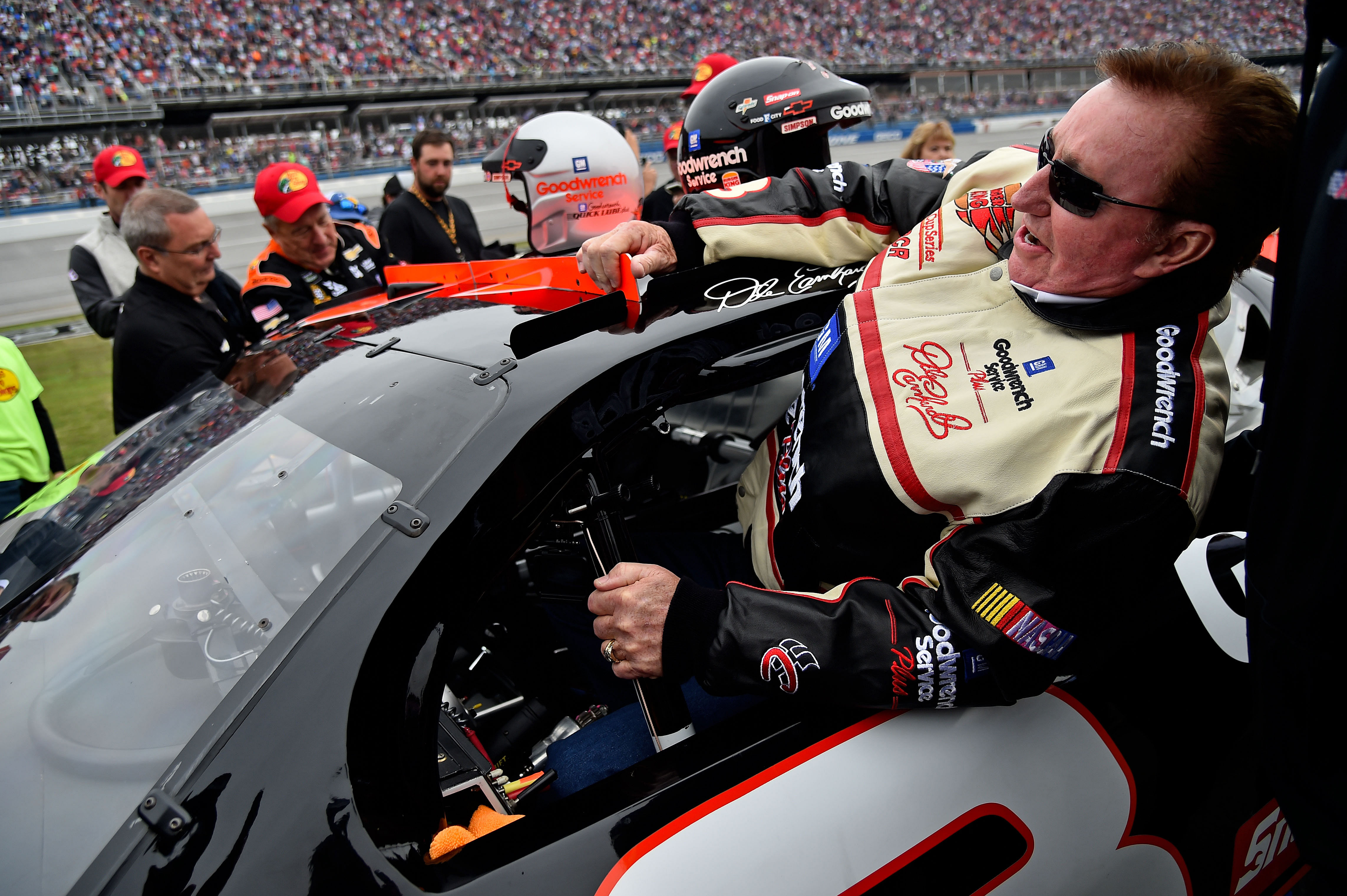 NASCAR Cup Series car owner Richard Childress climbs into the car of his late driver Dale Earnhardt Sr. (3) to pace the field prior to the 1000Bulbs.com 500 at Talladega Superspeedway. Mandatory Credit: Jasen Vinlove-USA TODAY Sports