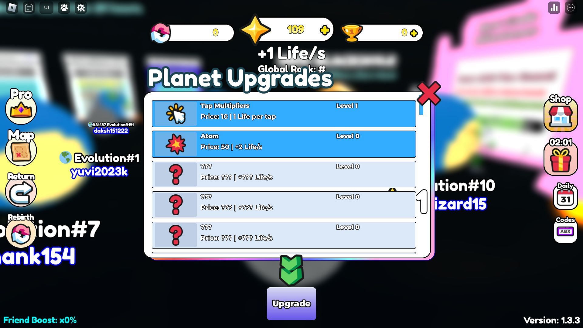 Planet upgrades menu (Image via Roblox)