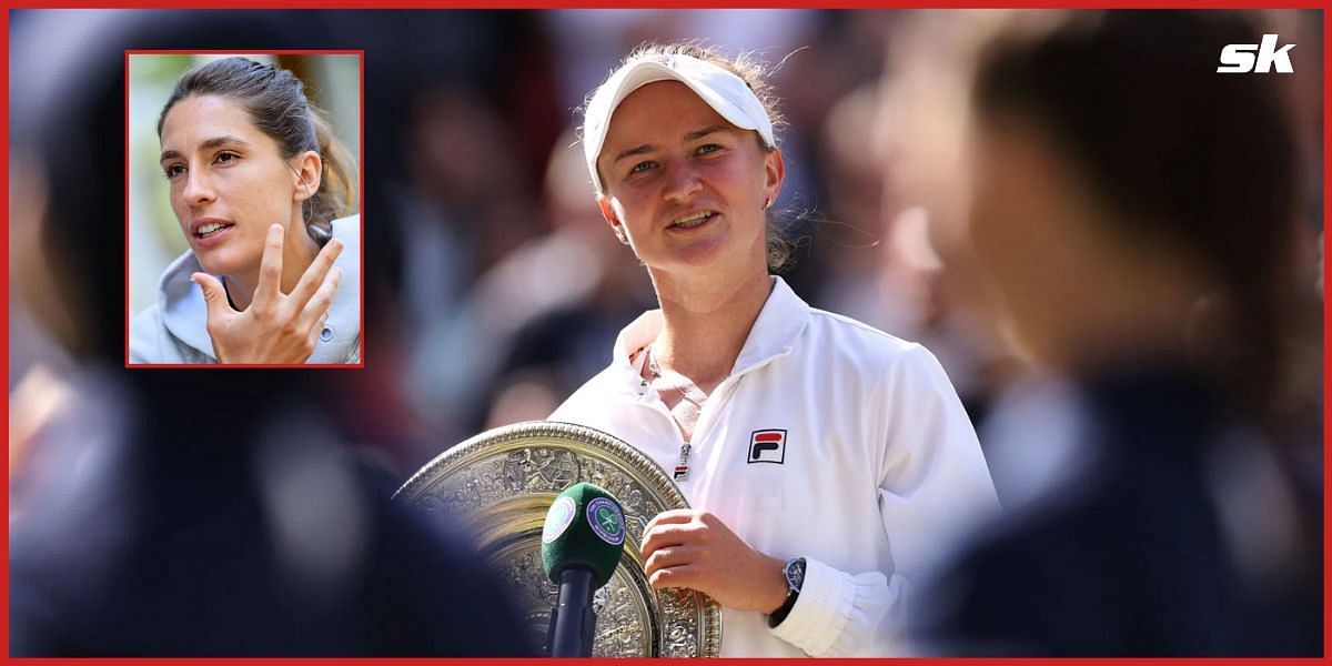 Barbora Krejcikova with the Wimbledon trophy and (inset) Andrea Petkovic.