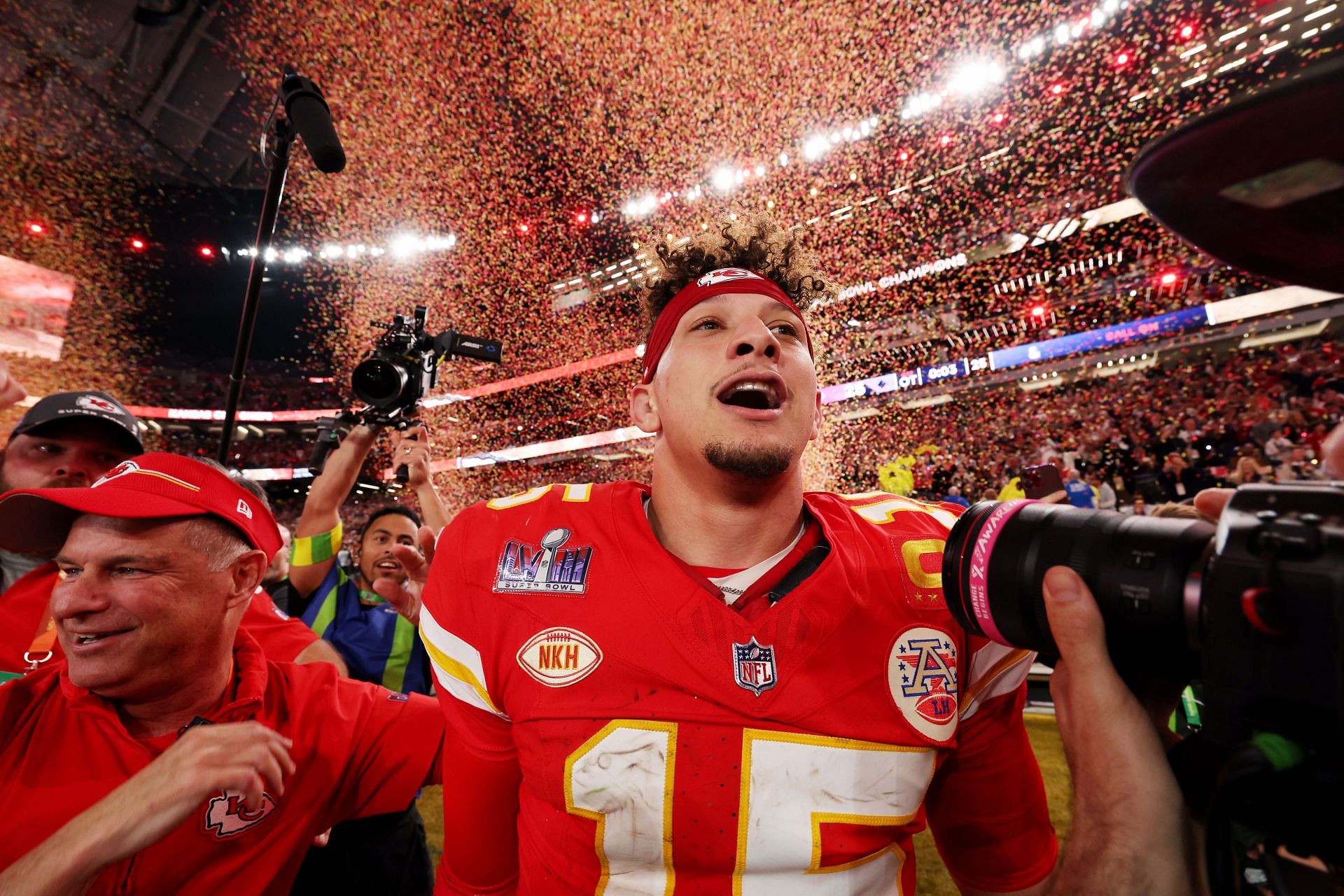 Patrick Mahomes of the Kansas City Chiefs celebrates after winning Super Bowl LVIII