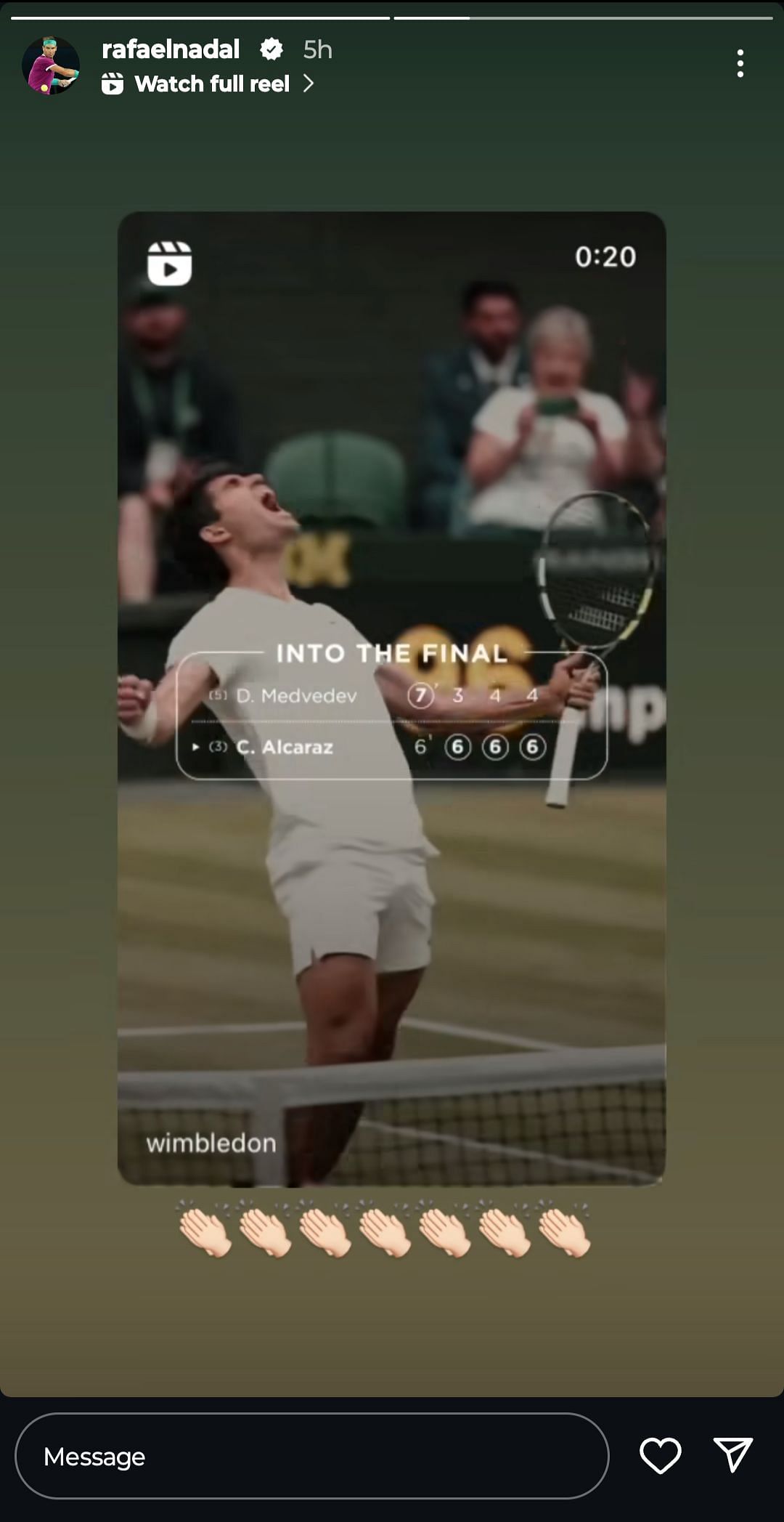 Nadal&#039;s token of appreciation after Alcaraz&#039;s victory. (Source: Screenshot of Rafael Nadal&#039;s Instagram story) 