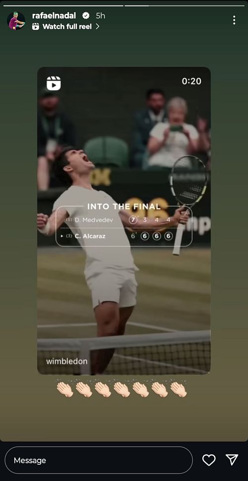 Nadal's token of appreciation after Alcaraz's victory. (Source: Screenshot of Rafael Nadal's Instagram story) 