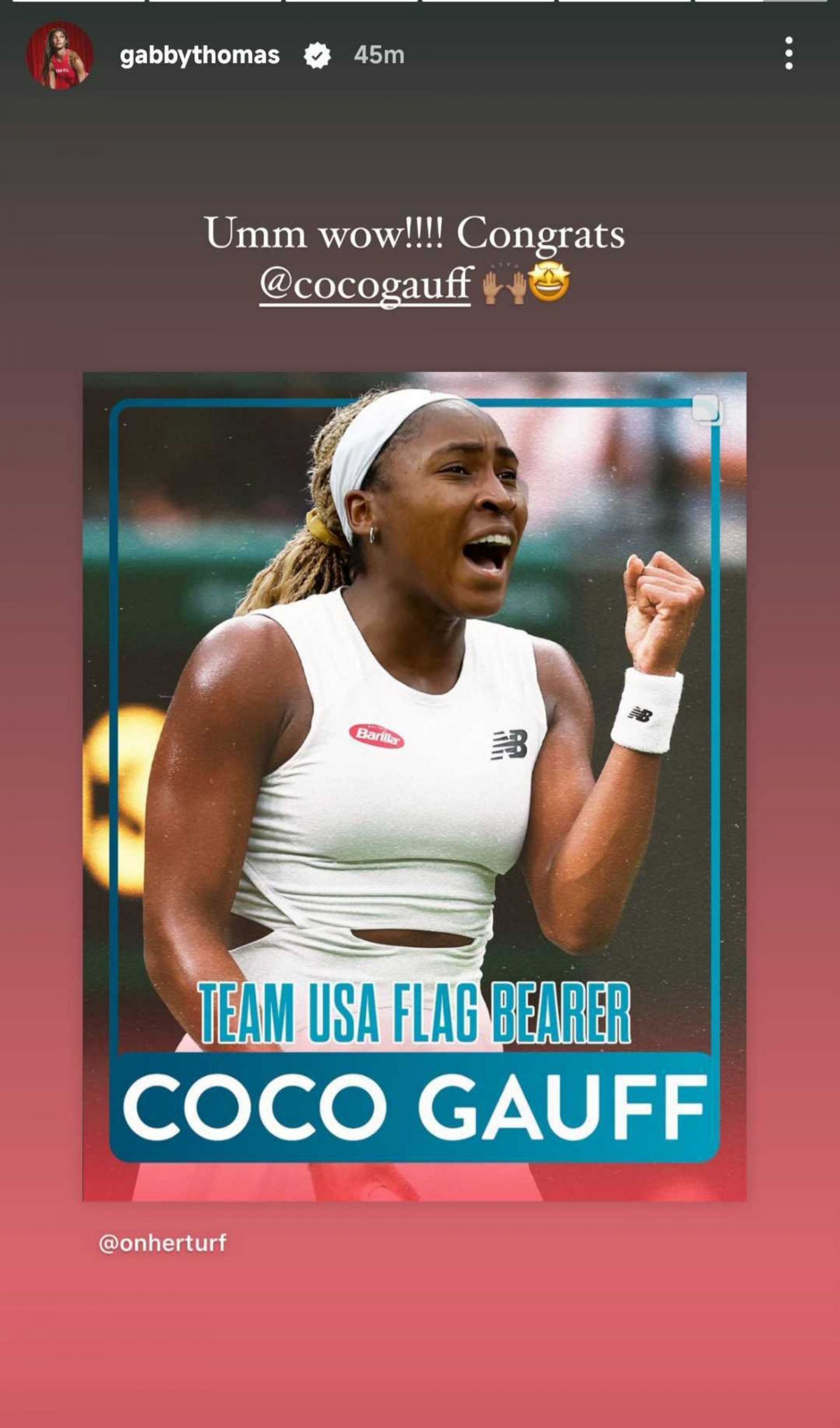 Gabby Thomas&#039; reaction to Coco Gauff becoming flag bearer via Instagram story