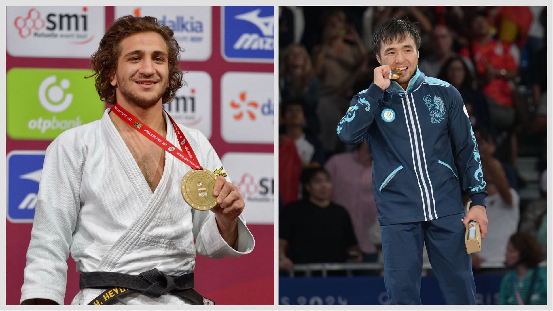 Olympic gold medalists from Kazakhstan and Azerbaijan stopped by Paris Olympics officials from celebrating with flags [Image Source: Getty]