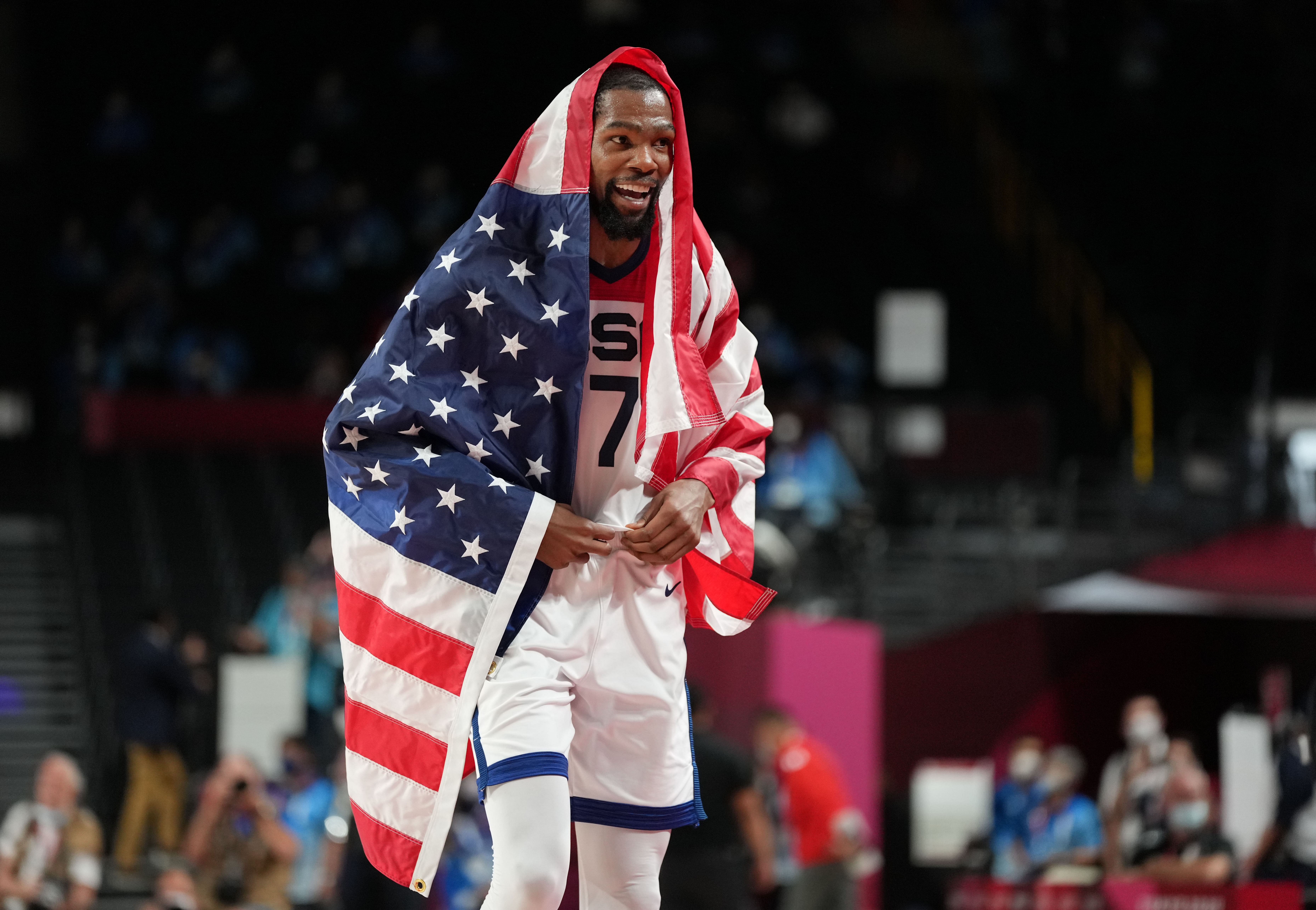 Kevin Durant reacts after winning the gold medal game during the Tokyo 2020 Olympic Summer Games at Saitama Super Arena. Photo Credit: Imagn