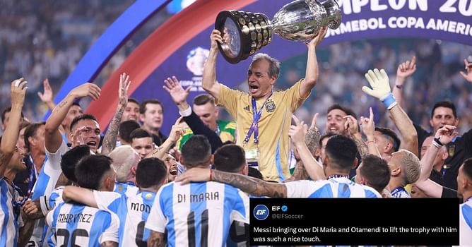 “Bodied Ronaldo" "Leaders inspire, bosses dictate" - Fans laud Lionel Messi's selflessness as Angel Di Maria lifts Copa America trophy with him