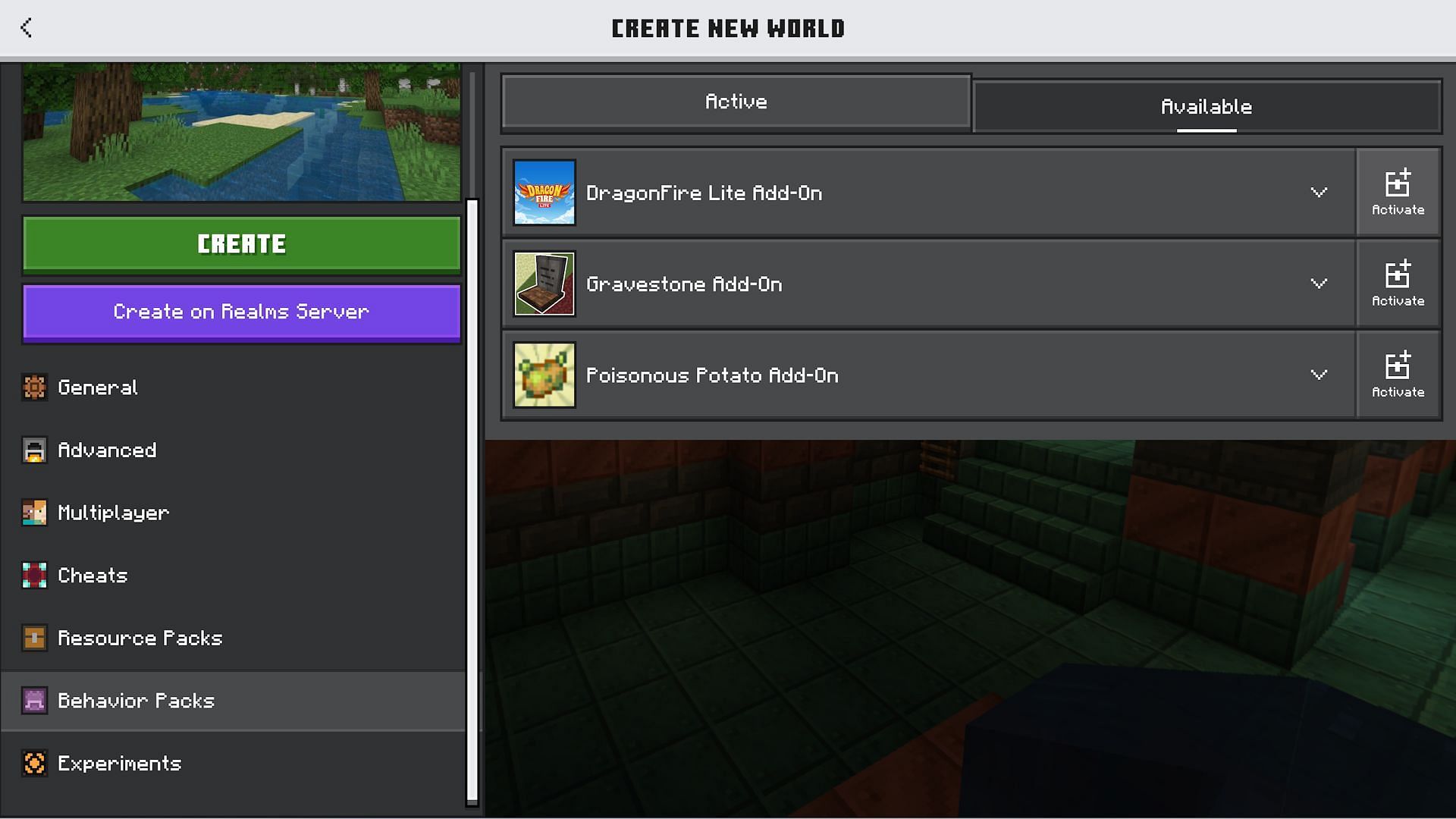 Where to find addons in the world creation menu (Image via Mojang)