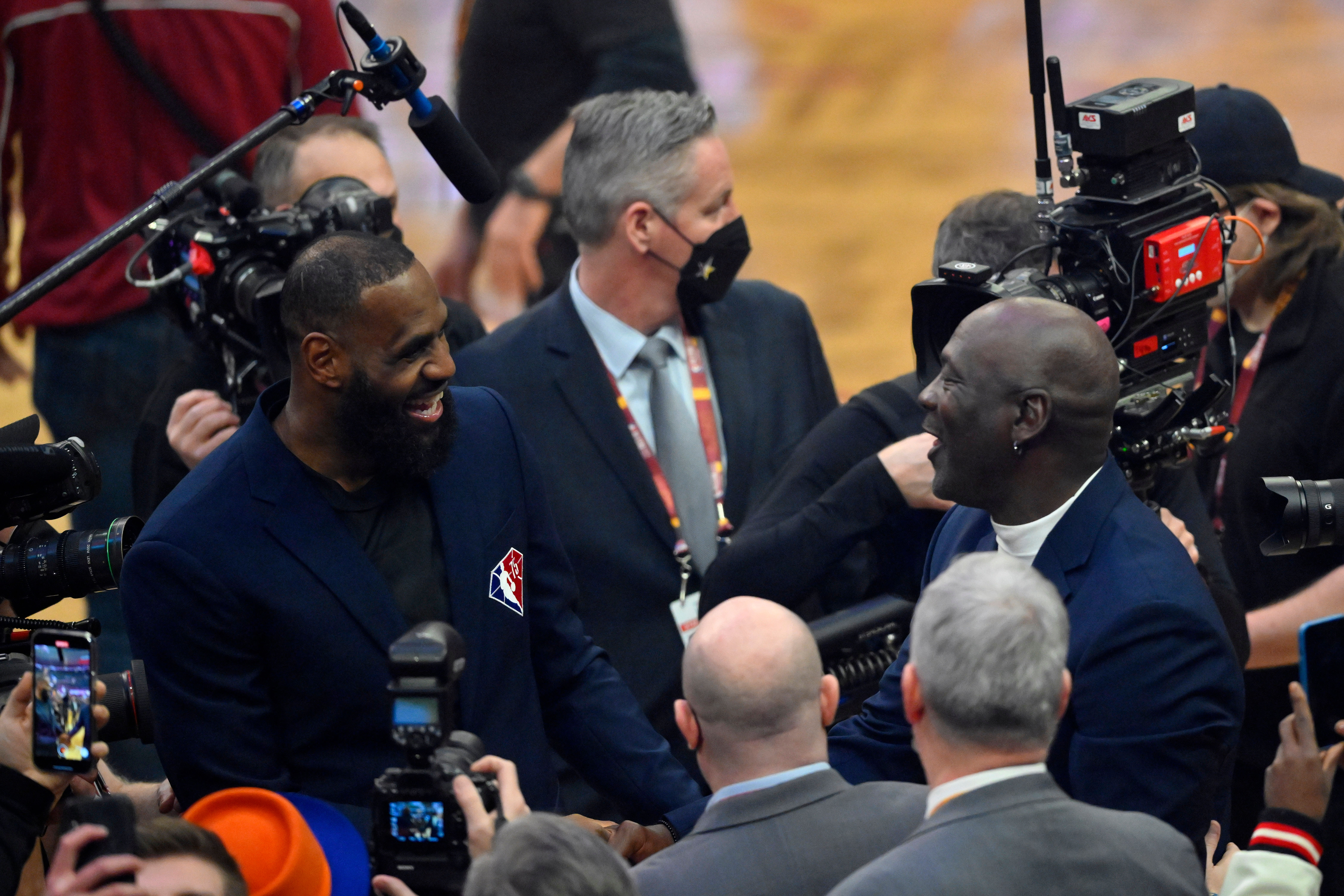 LeBron James and Michael Jordan on court during halftime during the 2022 NBA All-Star Game at Rocket Mortgage FieldHouse. Credit: Imagn