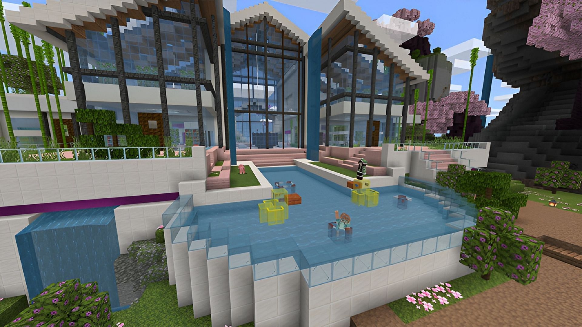 This Cherry Blossom Villa is an excellent starting spot for Minecraft players both solo and in multiplayer (Image via Team Voidfeather/Mojang)