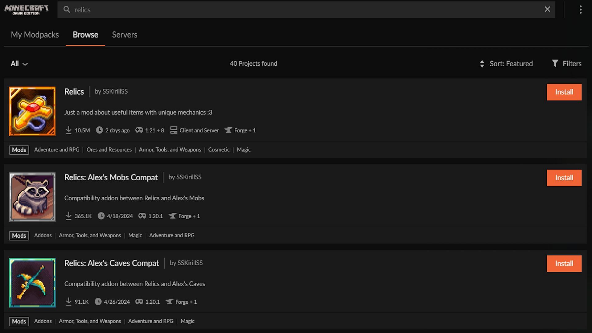 The search results for &quot;Relic&quot; (Image via CurseForge)