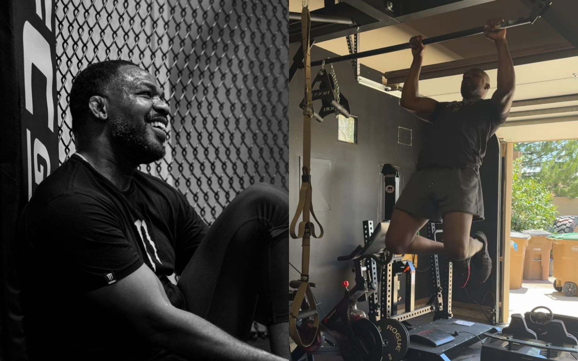 Jon Jones (left) celebbrates his 37th birthday in his home gym (right). [Image credit: @jonnybones on Instagram]