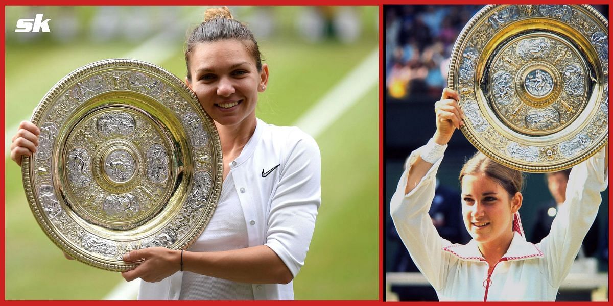 Simona Halep and Chris Evert with the Wimbledon trophies.