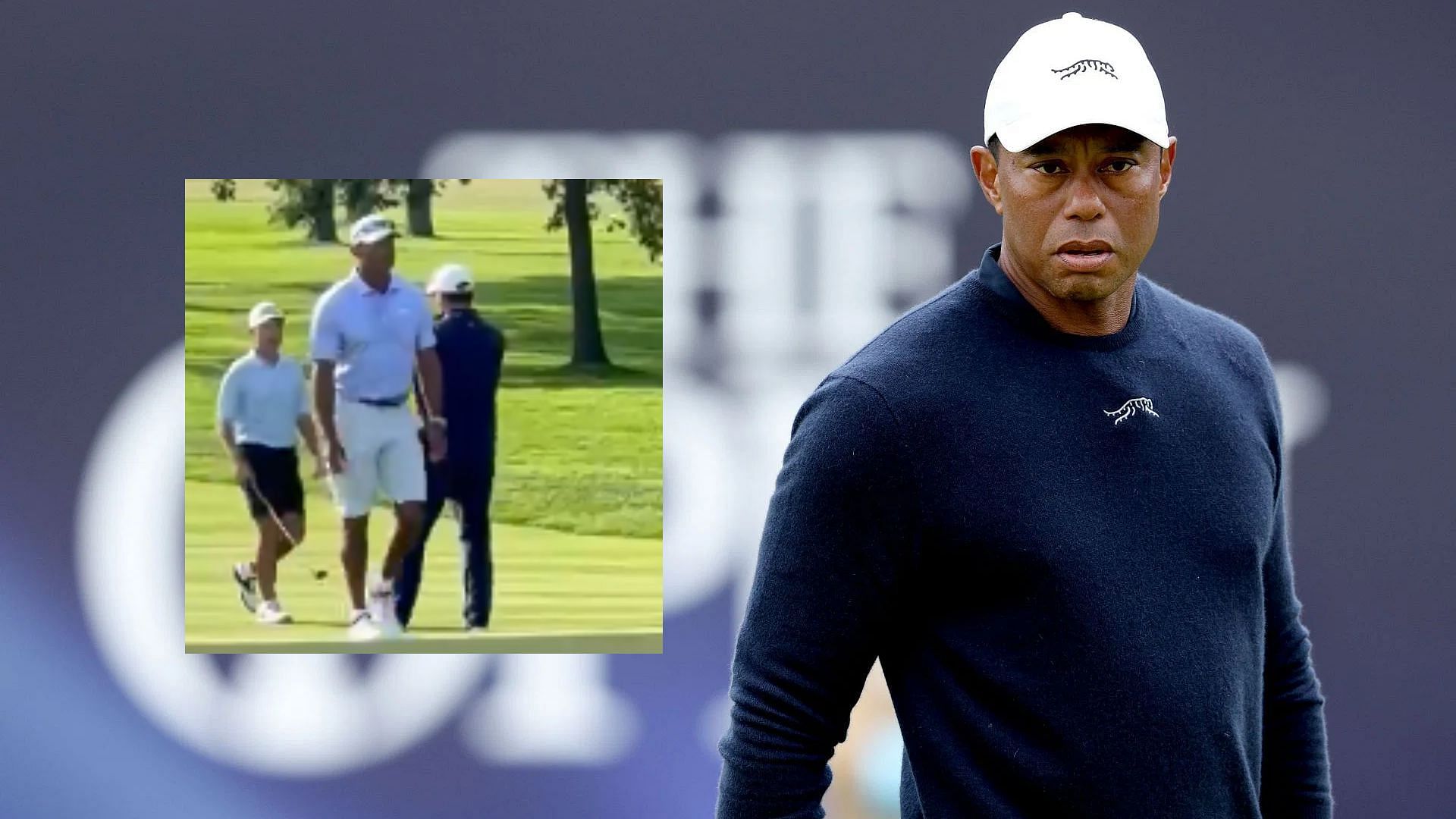 Tiger Woods spotted in shorts (Images via Getty and @ForePlayPod/X)