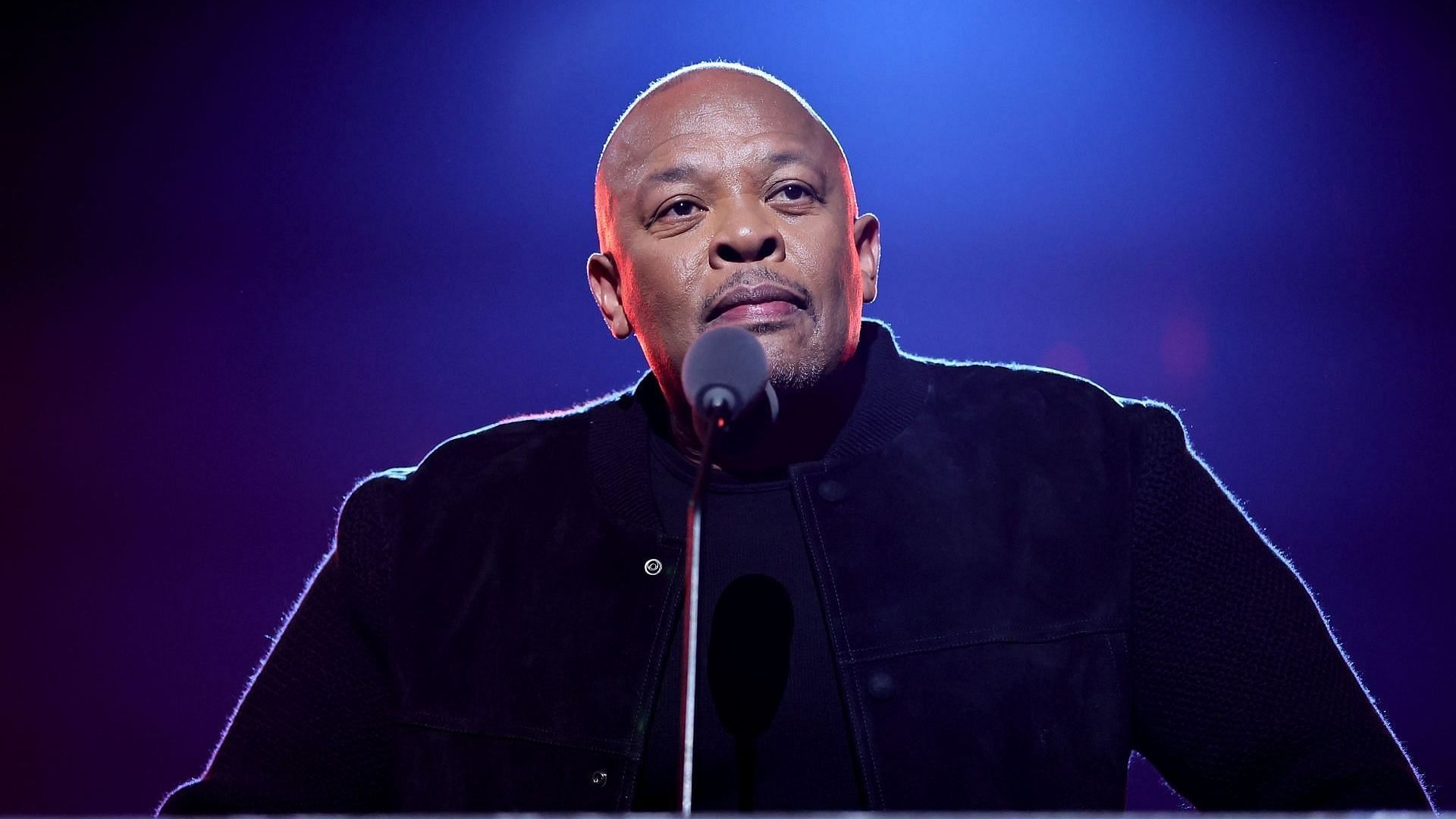 Dr. Dre introduces Inductee Eminem onstage during the 37th Annual Rock &amp; Roll Hall of Fame Induction Ceremony at Microsoft Theater on November 05, 2022, in Los Angeles, California. (Photo by Theo Wargo/Getty Images)