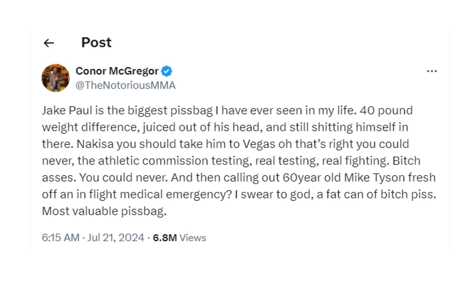 Screenshot of McGregor&#039;s post aimed at Paul