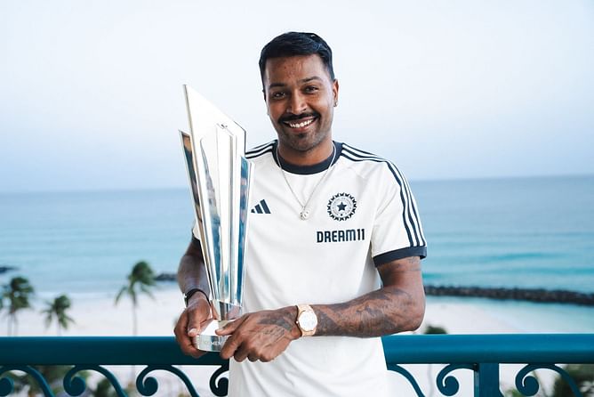 [In Pictures] Team India all-rounder Hardik Pandya poses with T20 World Cup 2024 trophy