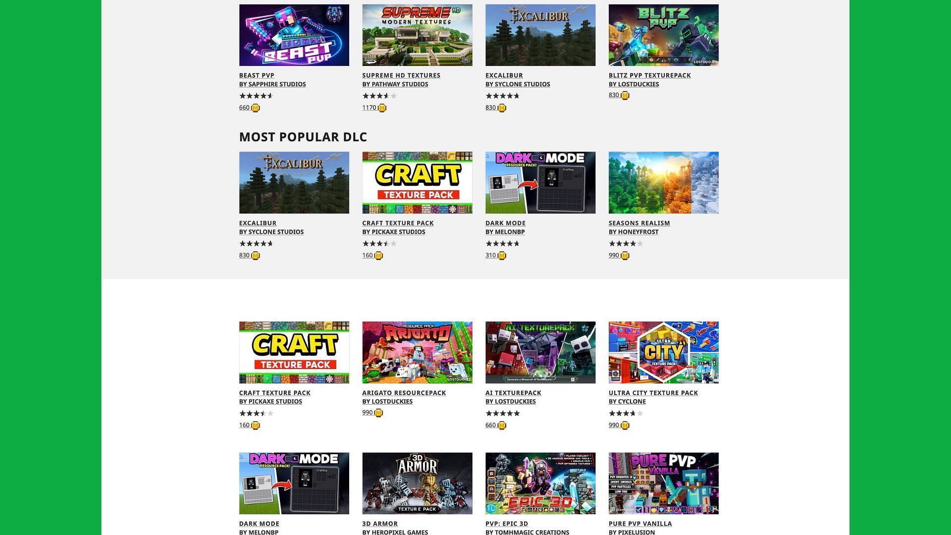 All the different texture packs available (Image via Marketplace)