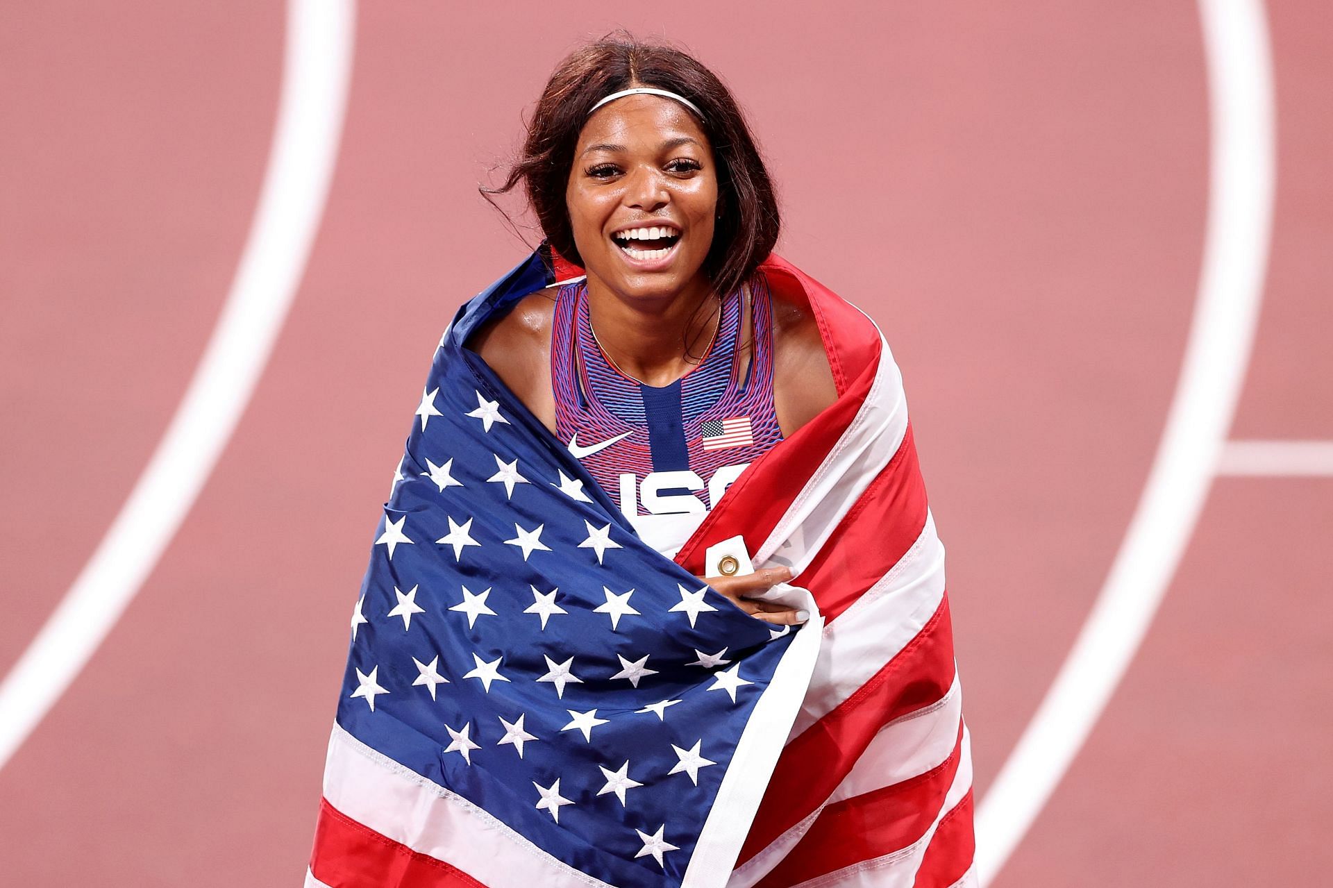 Gabby Thomas celebrates after the Women&#039;s 200m Final at the 2020 Olympic Games at Olympic Stadium on in Tokyo, Japan. (Photo by Getty Images)