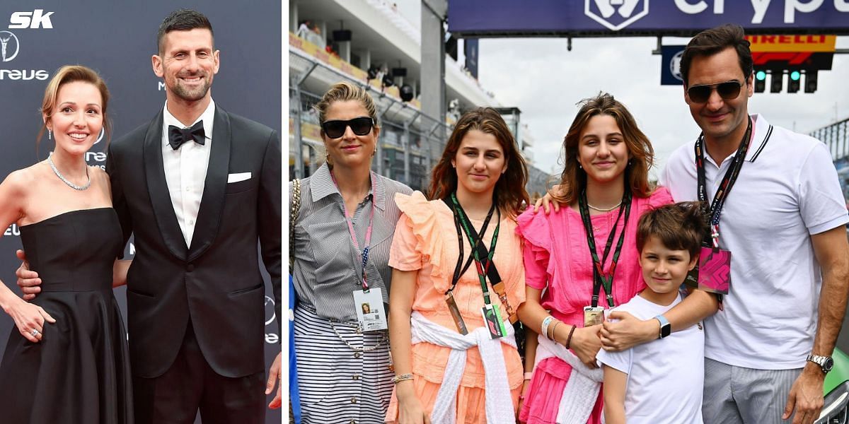 Novak Djokovic and wife Jelena (L) and Roger Federer and family (R) (Source: Getty Images)