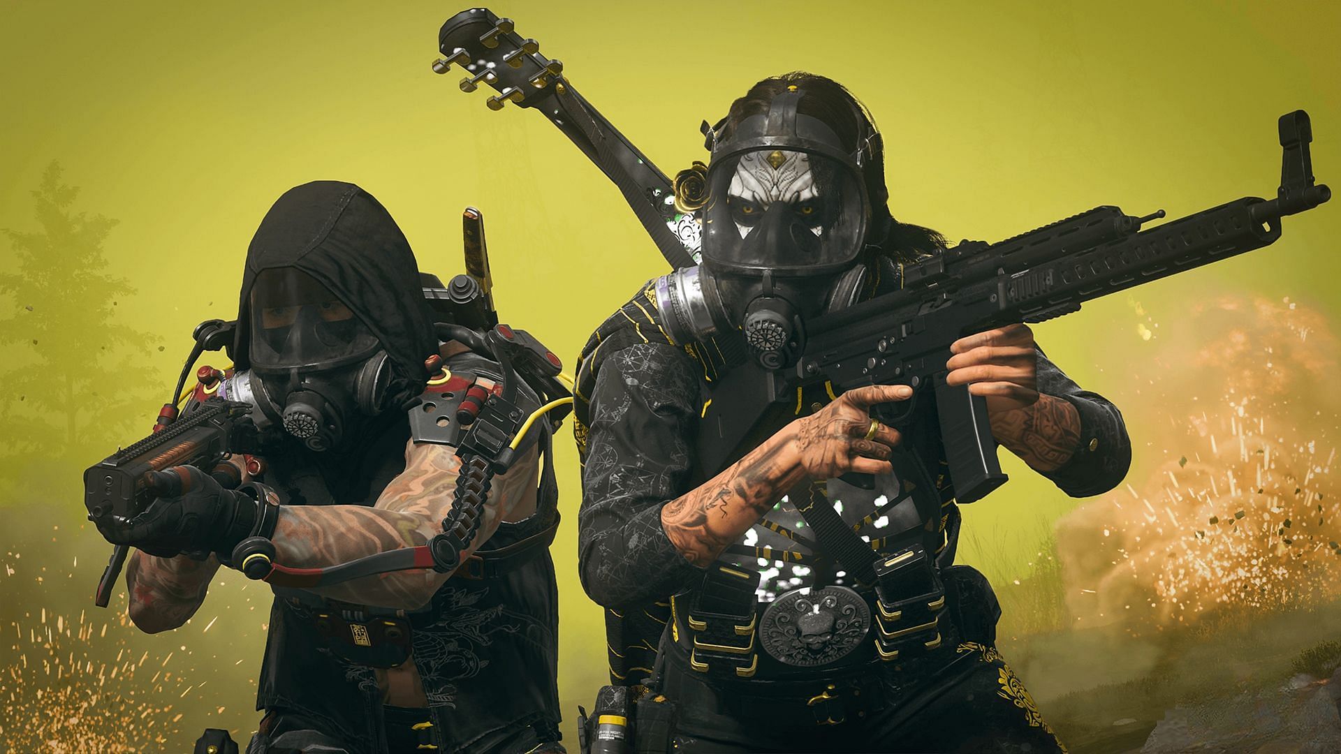 Two masked Operators holding weapons in Warzone Season 5 against the Gas