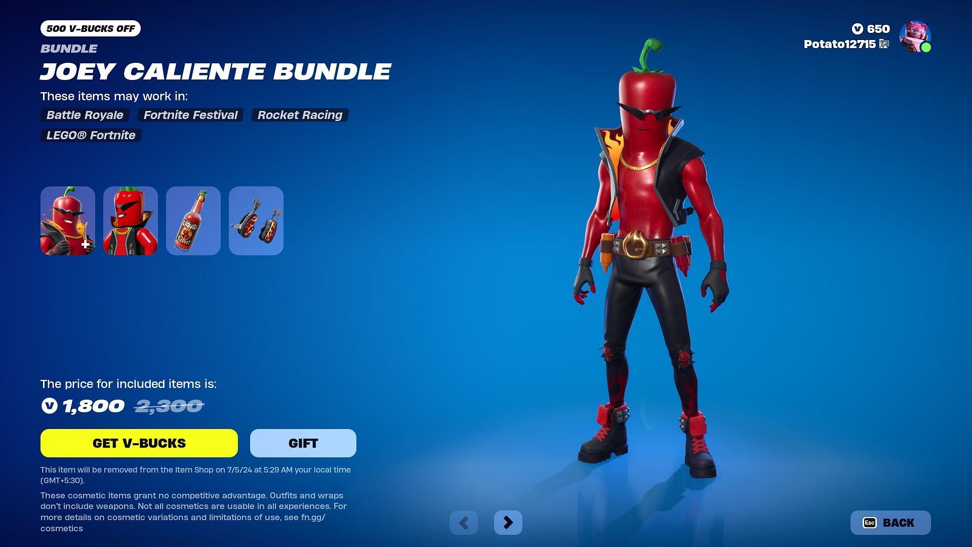 Joey Caliente skin will remain listed until July 5, 2024 (Image via Epic Games)