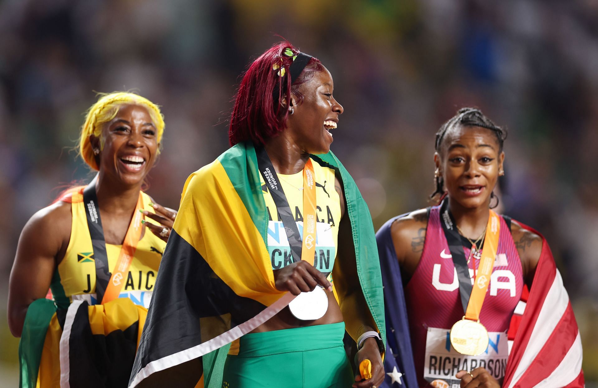 Shelly-Ann Fraser-Pryce, Shericka Jackson and Sha&#039;Carri Richardson on Day 3 at World Athletics Championships Budapest 2023/Getty Images