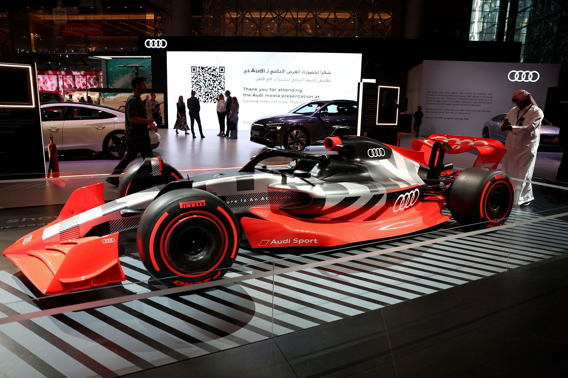 The Audi F1 showcar on display during the opening ceremony of the Geneva International Motor Show (GIMS) on October 6, 2023 in Doha, Qatar. (Photo by Mohamed Farag/Getty Images)