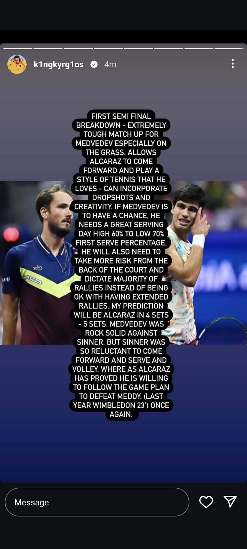 Nick Kyrgios reveals his pick between Carlos Alcaraz &amp; Daniil Medvedev; ( Source: https://www.instagram.com/k1ngkyrg1os/)