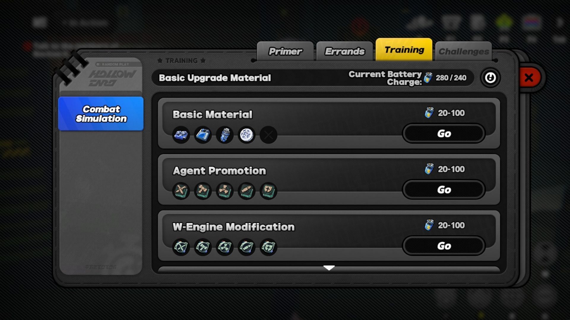 Zenless Zone Zero Training tab (Image via HoYoverse)